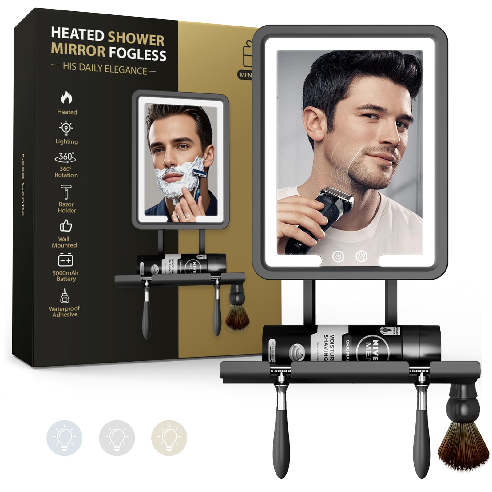 Shower Mirror Fogless for Shaving with Light - Heated Anti Fog Bathroom Mirror Razor Holder Recharegable 5000mAh Battery 3 Color
