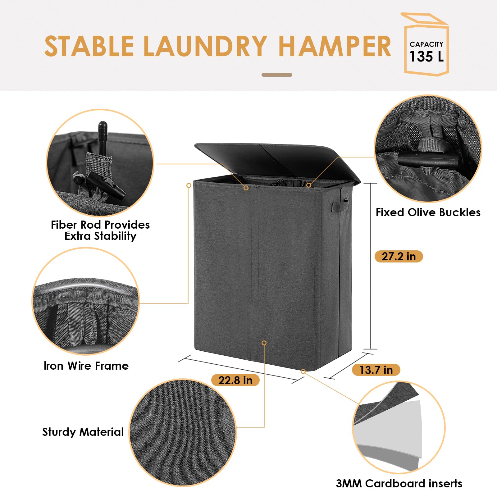 Double Laundry Hamper With Lid, 135L Dirty Clothes Hamper With Removable Bags & Labels, Laundry Basket 2 Section For Separating,