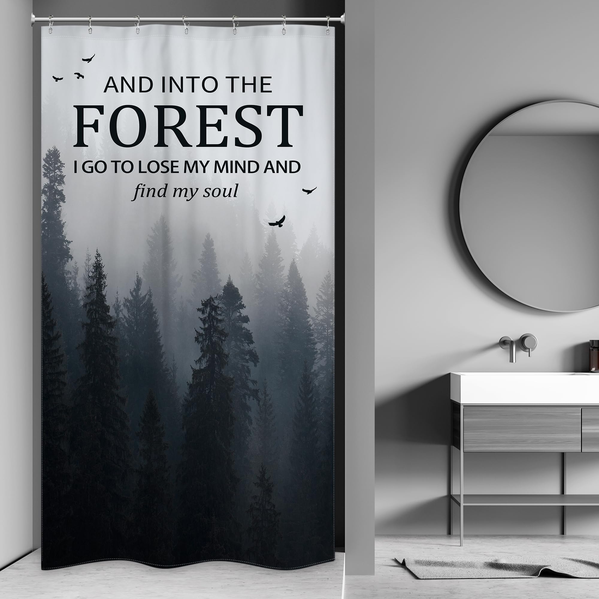 Riyidecor Small Stall Misty Tree Shower Curtain For Bathroom Decor 36Wx72H Narrow Half Rv Mens Dark Foggy Mountain Woodland Quot