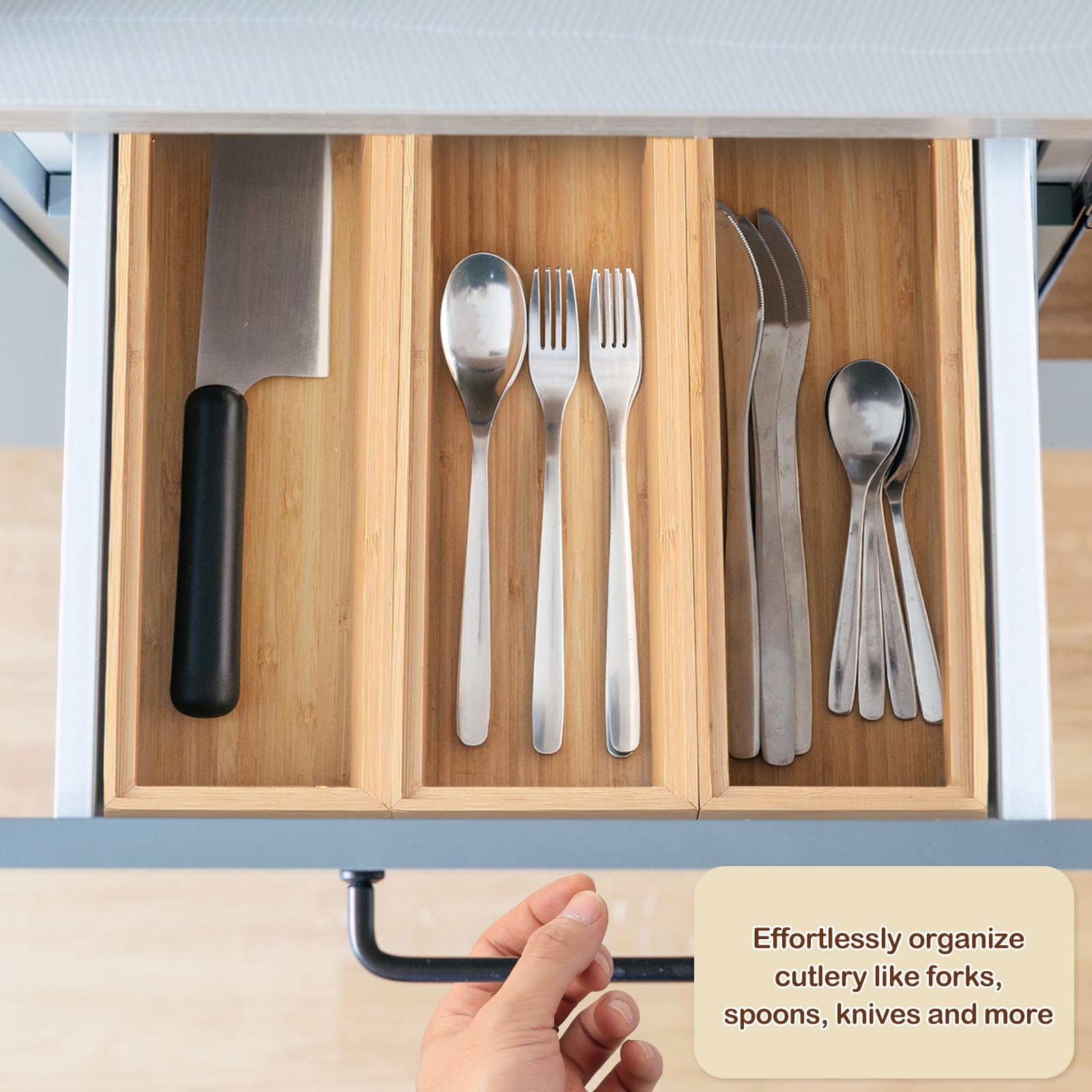 Kigley 8 Pieces Bamboo Drawer Organizer Kitchen Utensils Wooden Utensil Organizer For Drawers Stackable Wooden Storage Box Bambo
