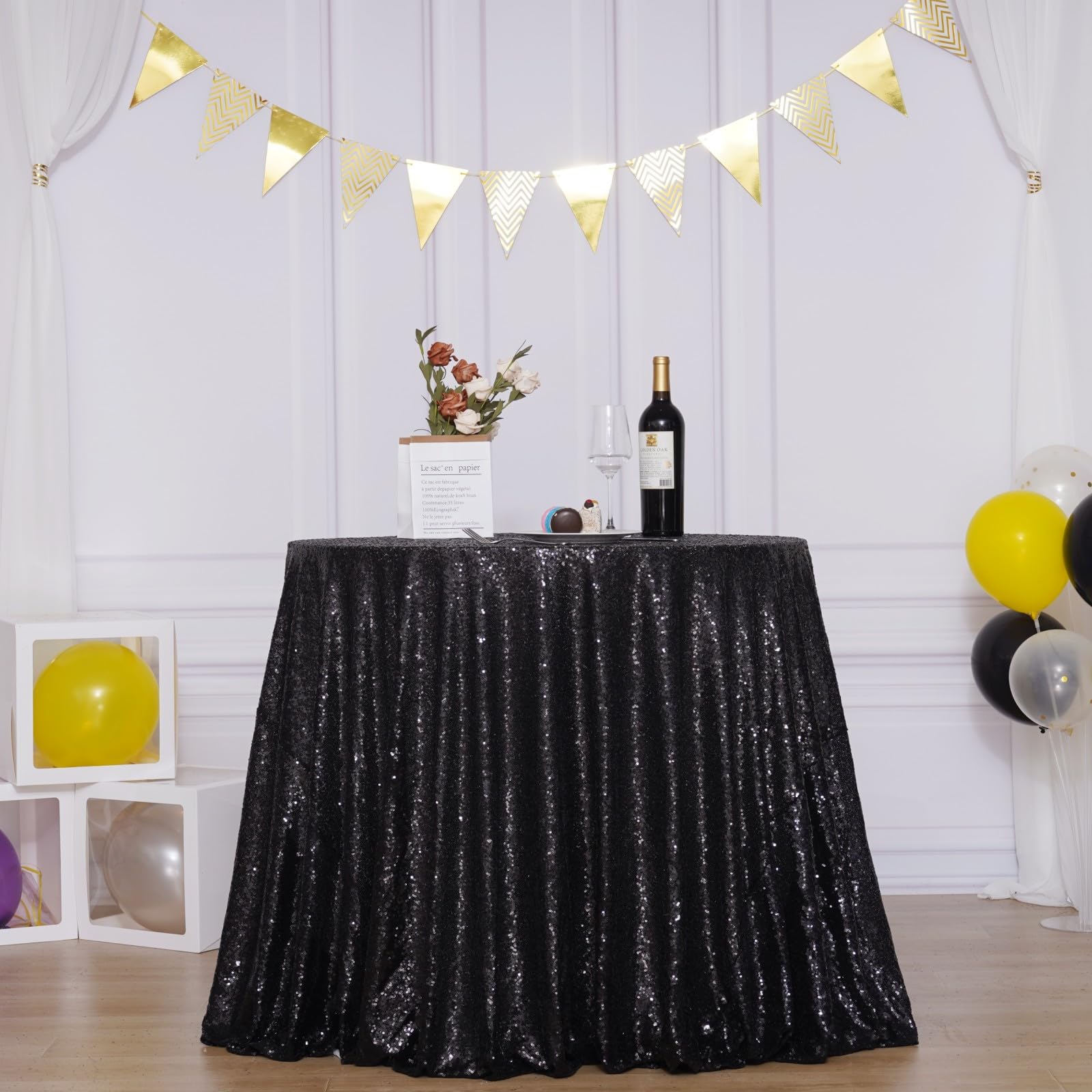Poise3Ehome 50 Inch Round Black Sequin Tablecloth For Party Cake Dessert Table Exhibition Events