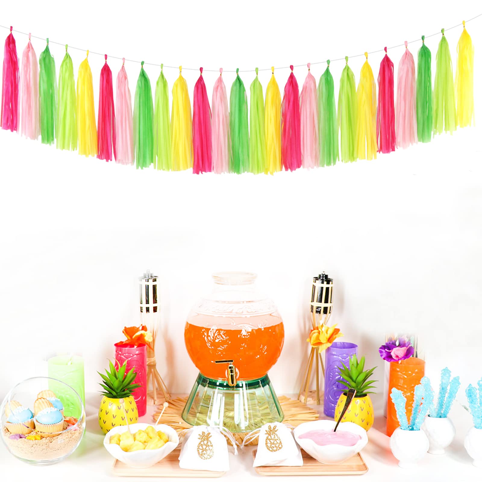 Hawaiian-Themed Pool Party-Decorations Tassel Garland - 25pcs Tropical Jungle Aloha Birthday Streamers,Pink Rose Yellow Green Su