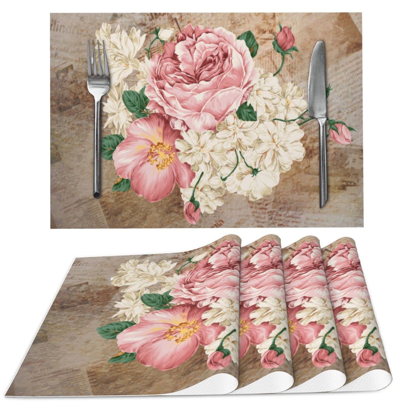 Vintage Rose Cloth Placemats For Dining Table Set Of 4 Woven Place Mats Rectangle Fabric Table Mats
