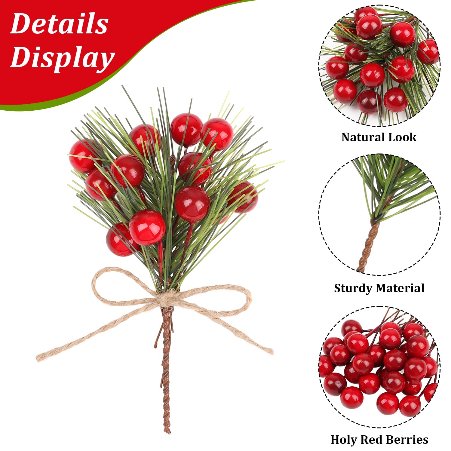 CCINEE 96Pcs Artificial Green Pine Needles Branches Red Berry Picks for Crafts, Greenery Stems Mini Holly Berries Pine Picks Twi