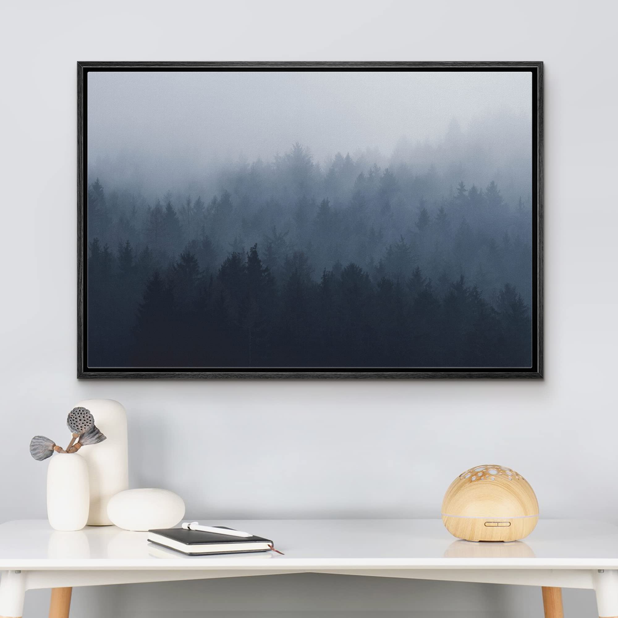 wall26 Framed Canvas Print Wall Art Aerial View of Misty Pine Tree Forest Nature Wilderness Photography Modern Art Rustic Scenic Colorful Multicolor for Living Room  Bedroom  Office - 16''x24'' Black