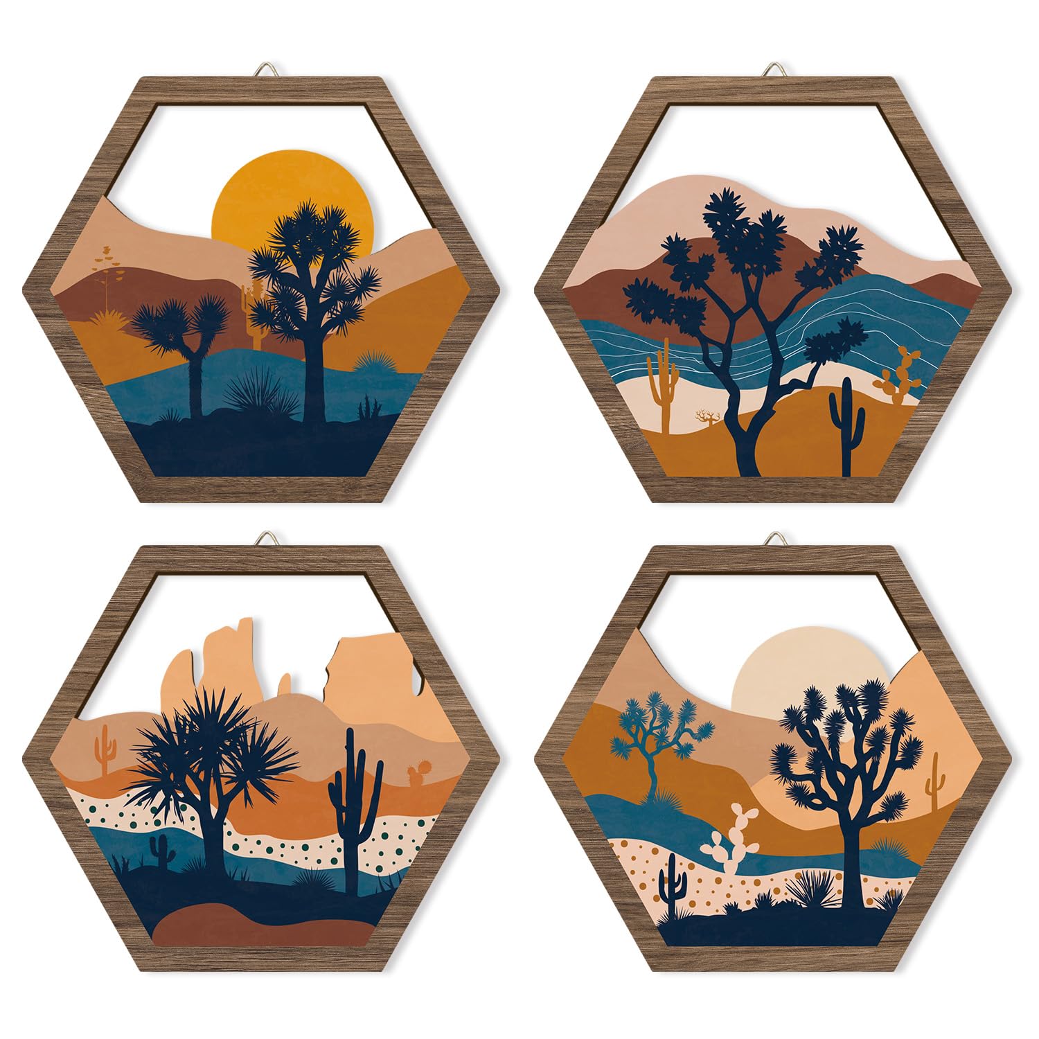 HPNIUB 4 Pcs Boho Mountains Scenery Wall Art Decor, Farmhouse Abstract Sunrise Trees Desert Cactus Hanging Wood Sign for Living 