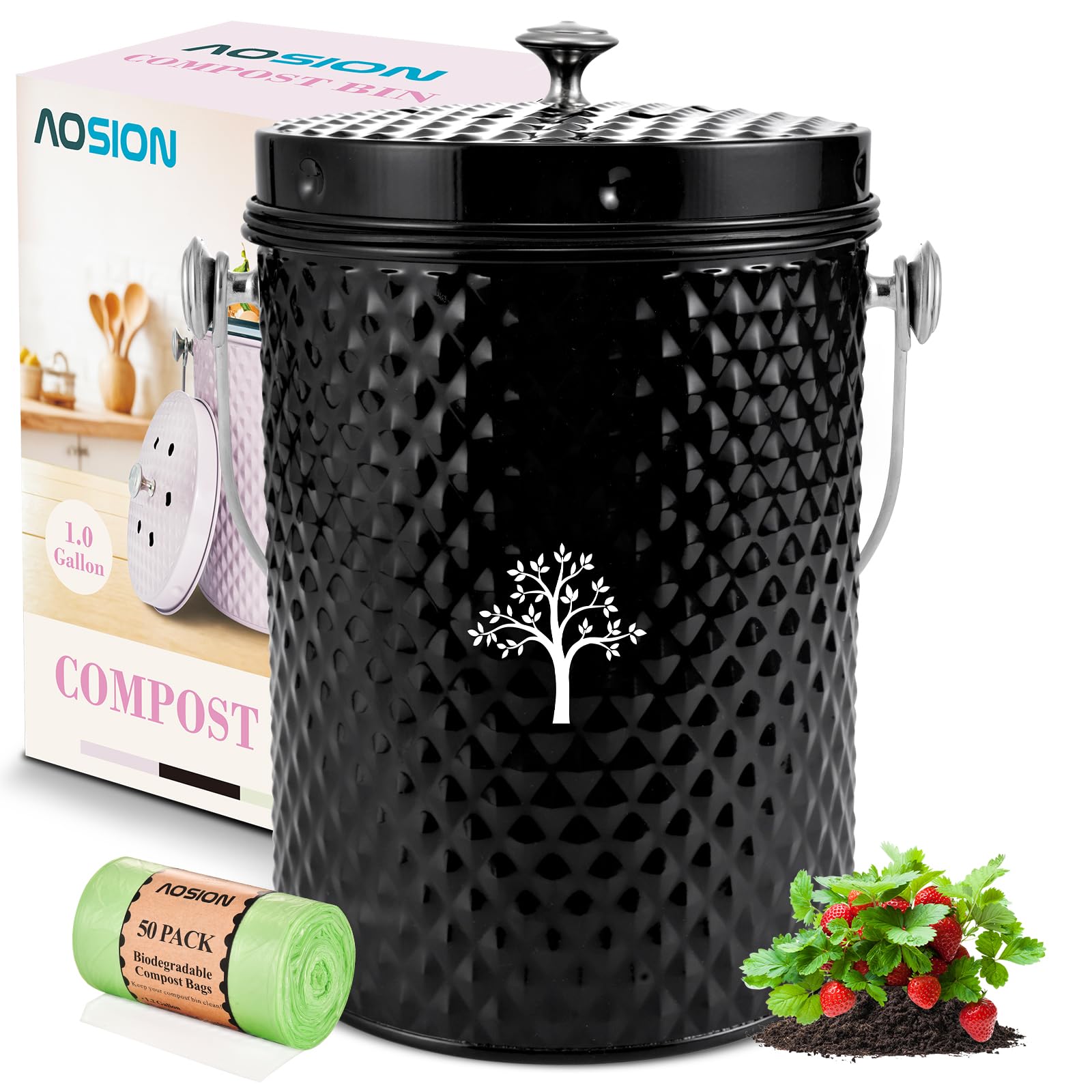 AOSION Countertop Compost Bin Kitchen,Odorless Indoor Compost Bin with Lid and Compost Bags,Compost Bucket Composter Container f