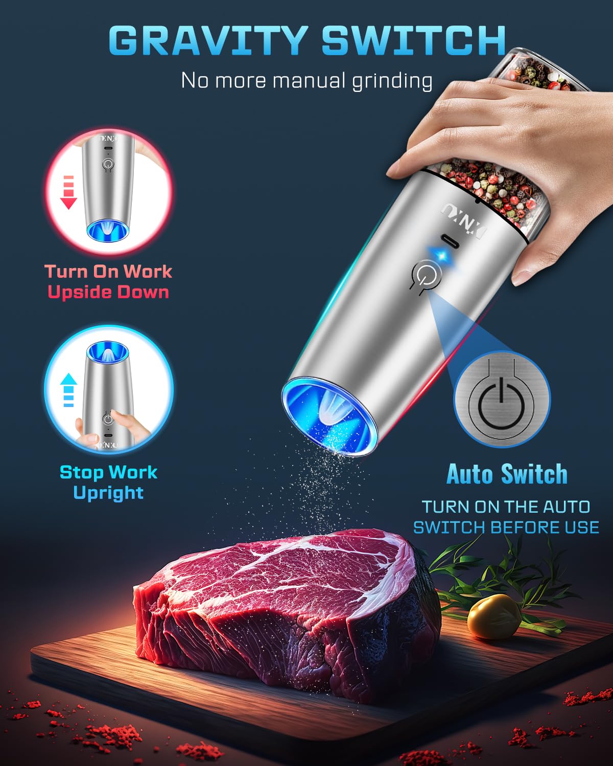 Xinxu Rechargeable Eectric Salt And Pepper Grinder Set,Automatic Pepper Mill,Usb Rechargeable,Adjustable Coarseness,One-Handed O