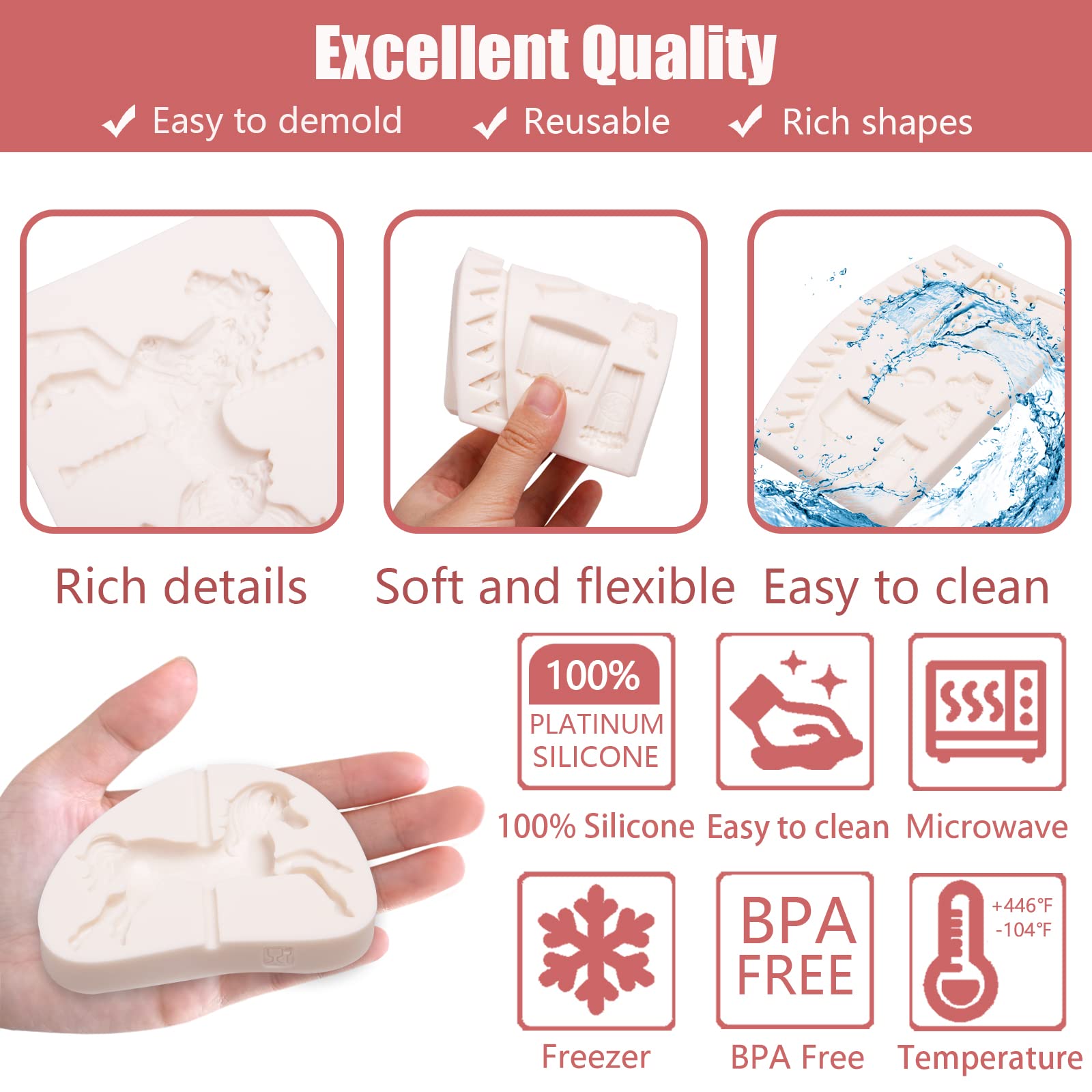 3D Carousel Horse Silicone Molds 3 Pcs, Circus Fondant Mold For Cake Decoration, Candy Sugar Cupcake Topper Cake Pop Popsicle, B