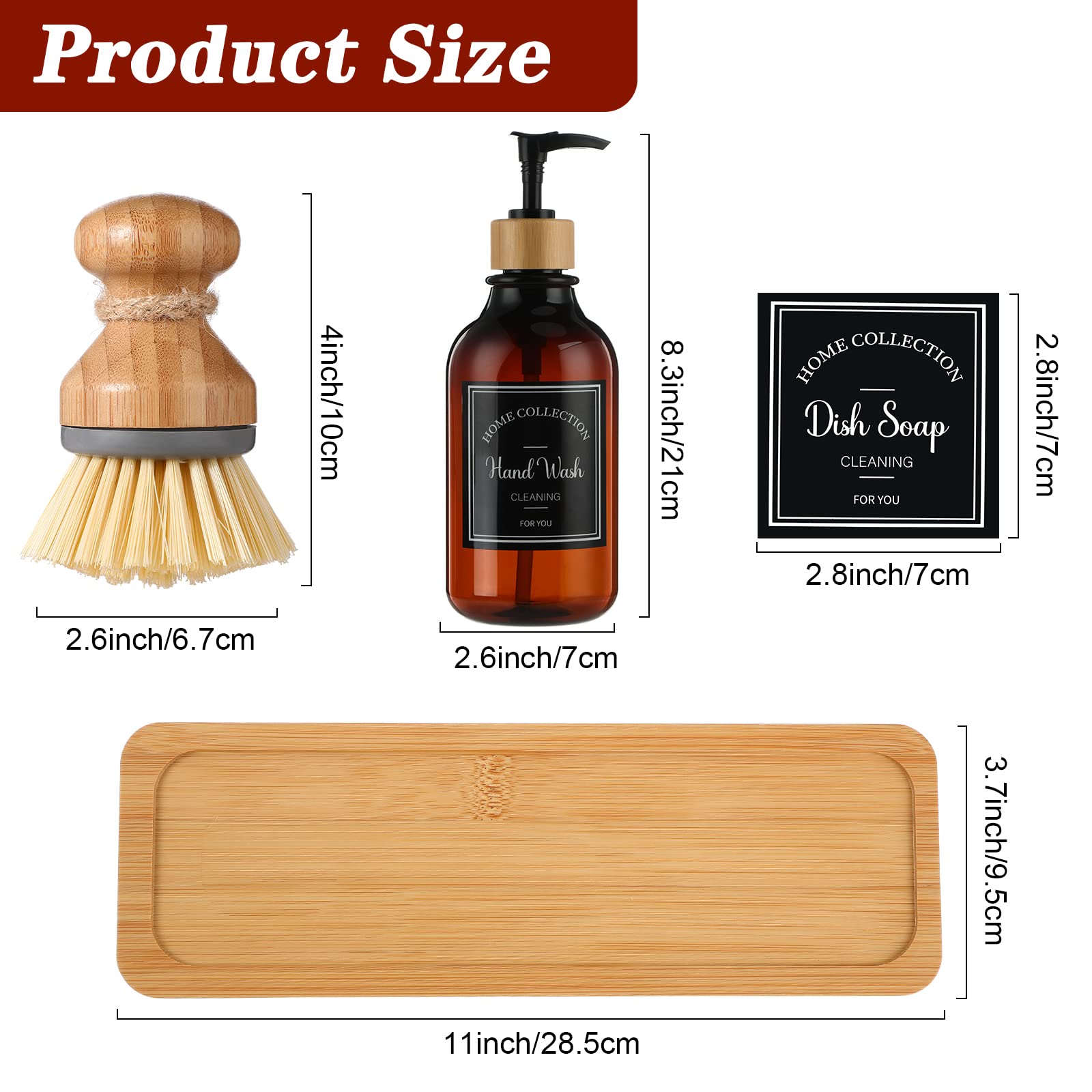 Zopeal 4 Pcs Kitchen Soap Dispenser Set 16 Oz Dish Soap Dispenser With Bamboo Tray And Dish Brush Plastic Soap Dispenser Set Wit