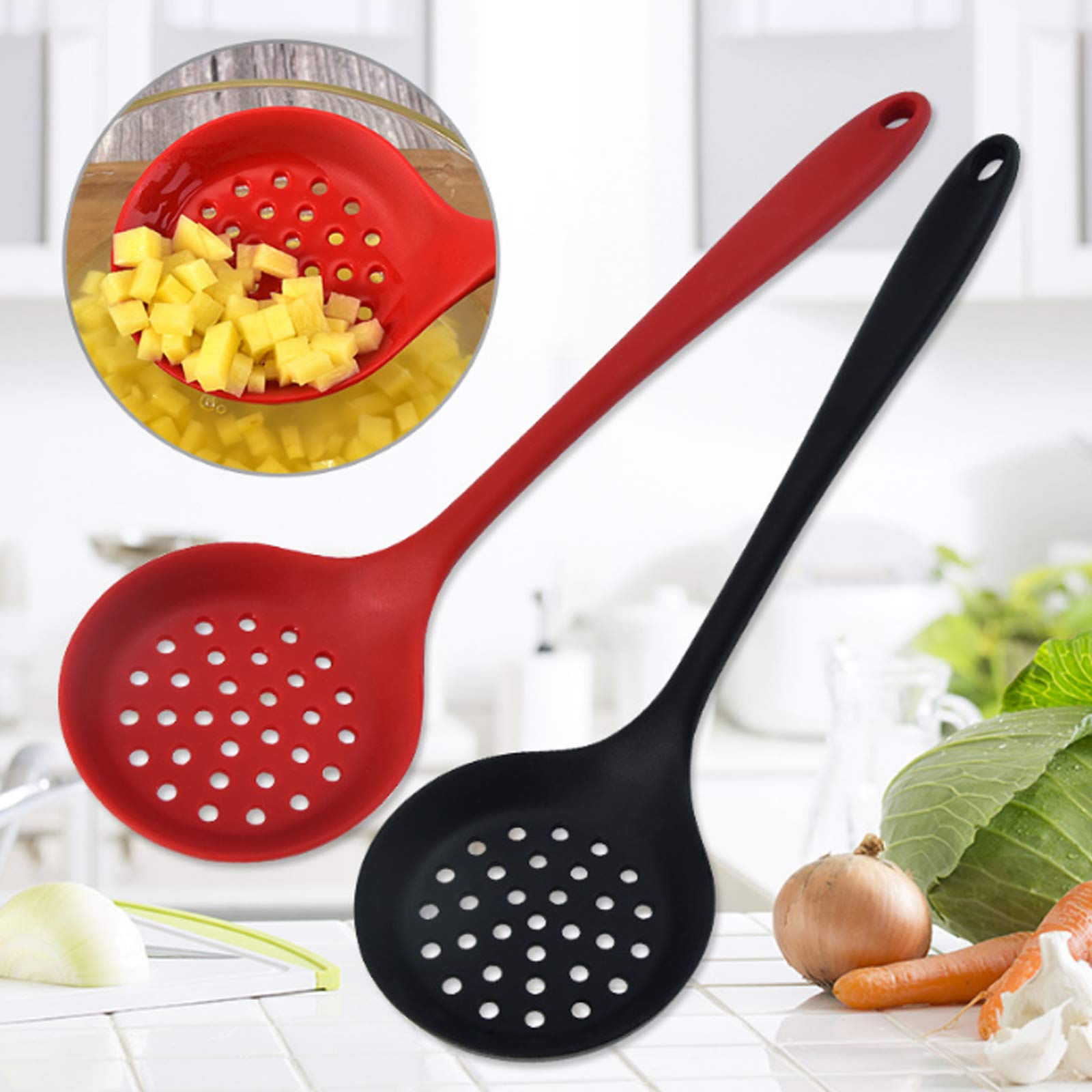 Silicone Skimmer Spoon Set 2, Non-Stick Cooking Slotted Colander Spoon Skimmer Strainer, Kitchen Sink Ladle Strainer Silicone Fi
