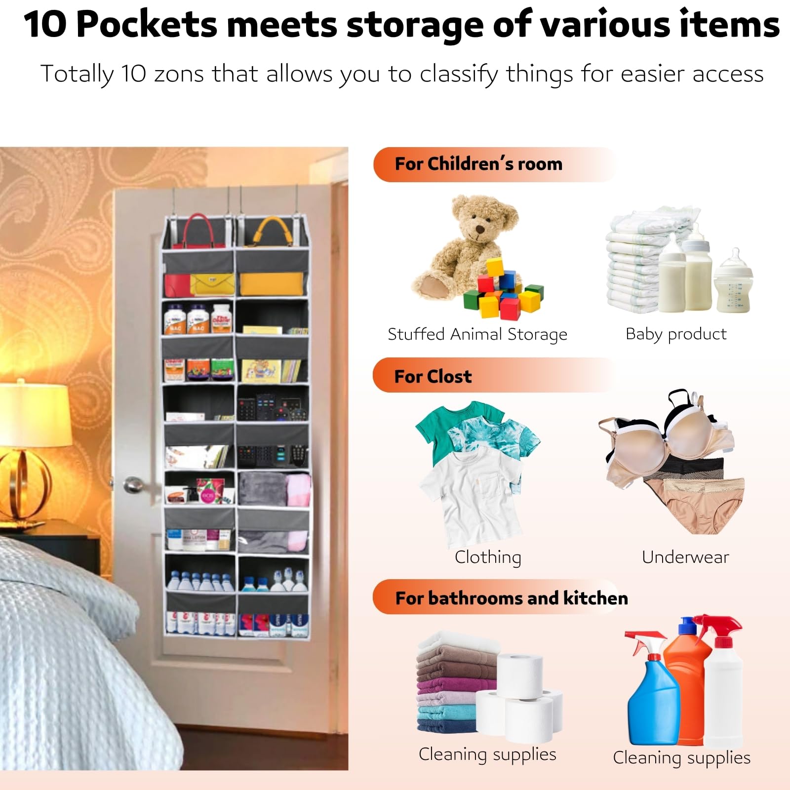 Over the Door Organizer 5 Tiers, Extra Large Behind Door Storage of 10 Compartments, 80 lbs Weight Capacity Over Door Organizer,