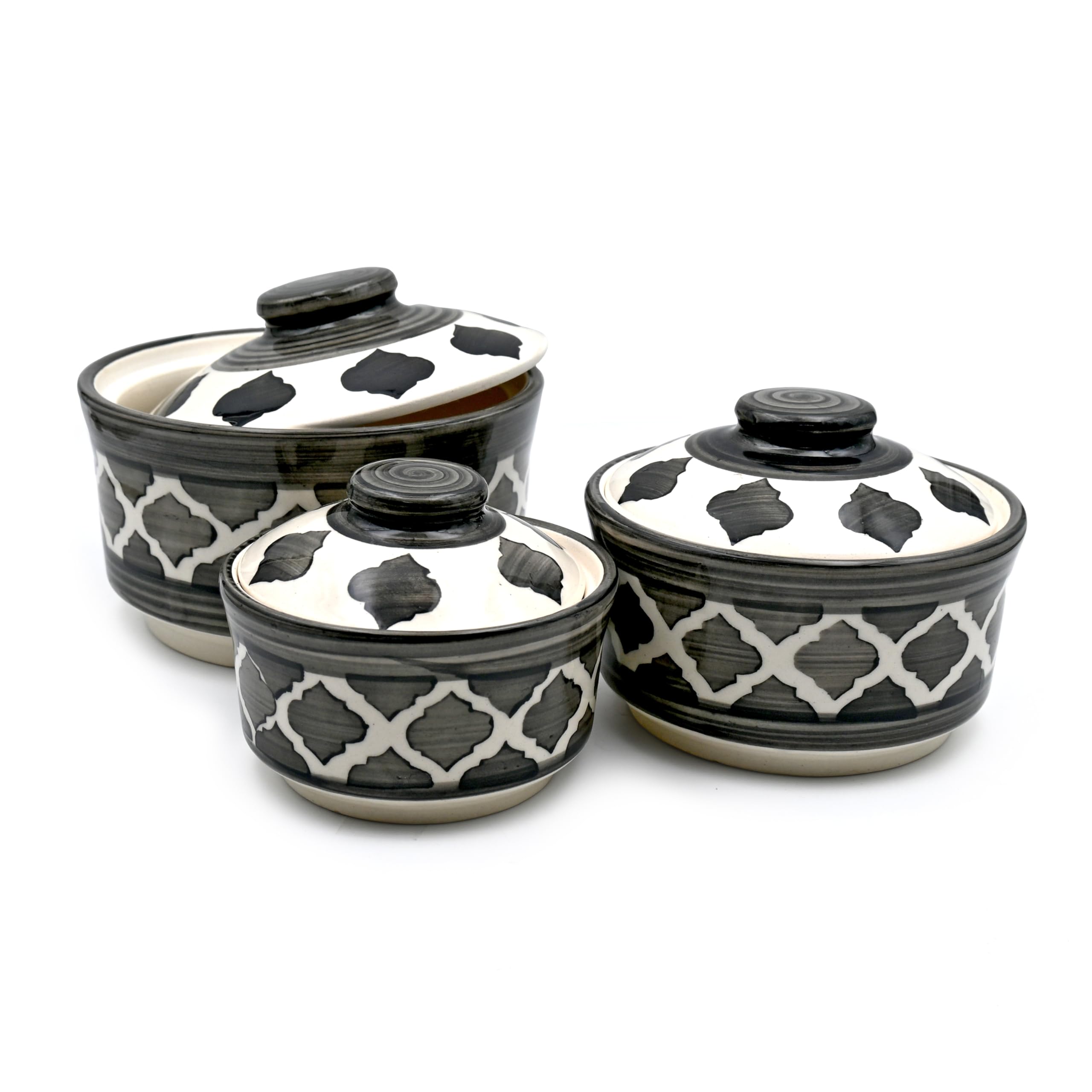Sg Shadowgreen - Ceramic Serving Donga Set With Lid - Gravy Donga Set - Dinner Bowl With Lid - (Set Of 3-750Ml 500Ml 250Ml) (Gre