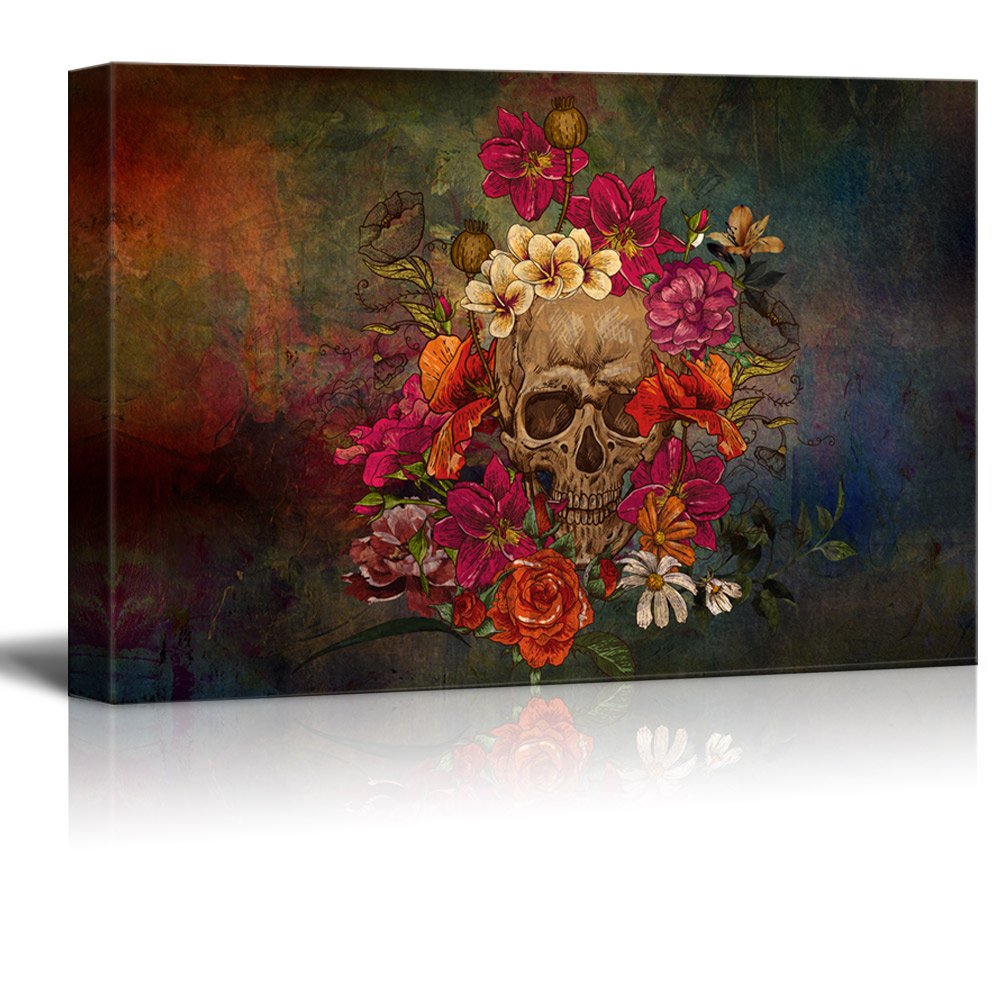 Wall26 - Canvas Print Wall Art - Day Of The Dead (Dia De Los Muertos) Themed Skull With Flowers - Gallery Wrap Modern Home Art |