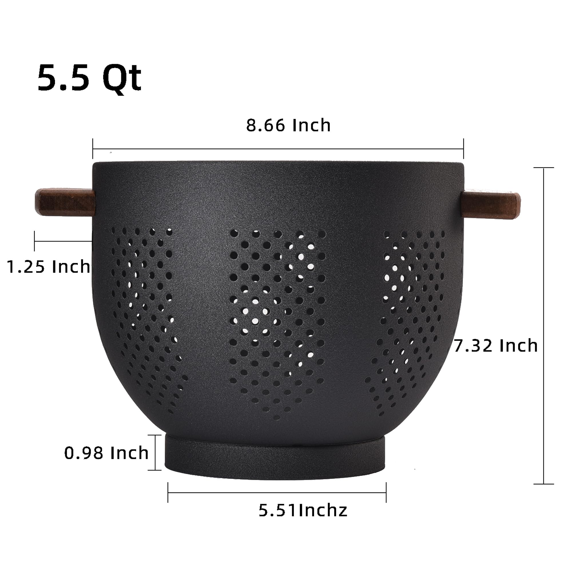 Metal Colander With Wood Handle And Stable Base, Powder Coated Steel Kitchen Strainer Basket For Draining Pasta, Vegetable And F