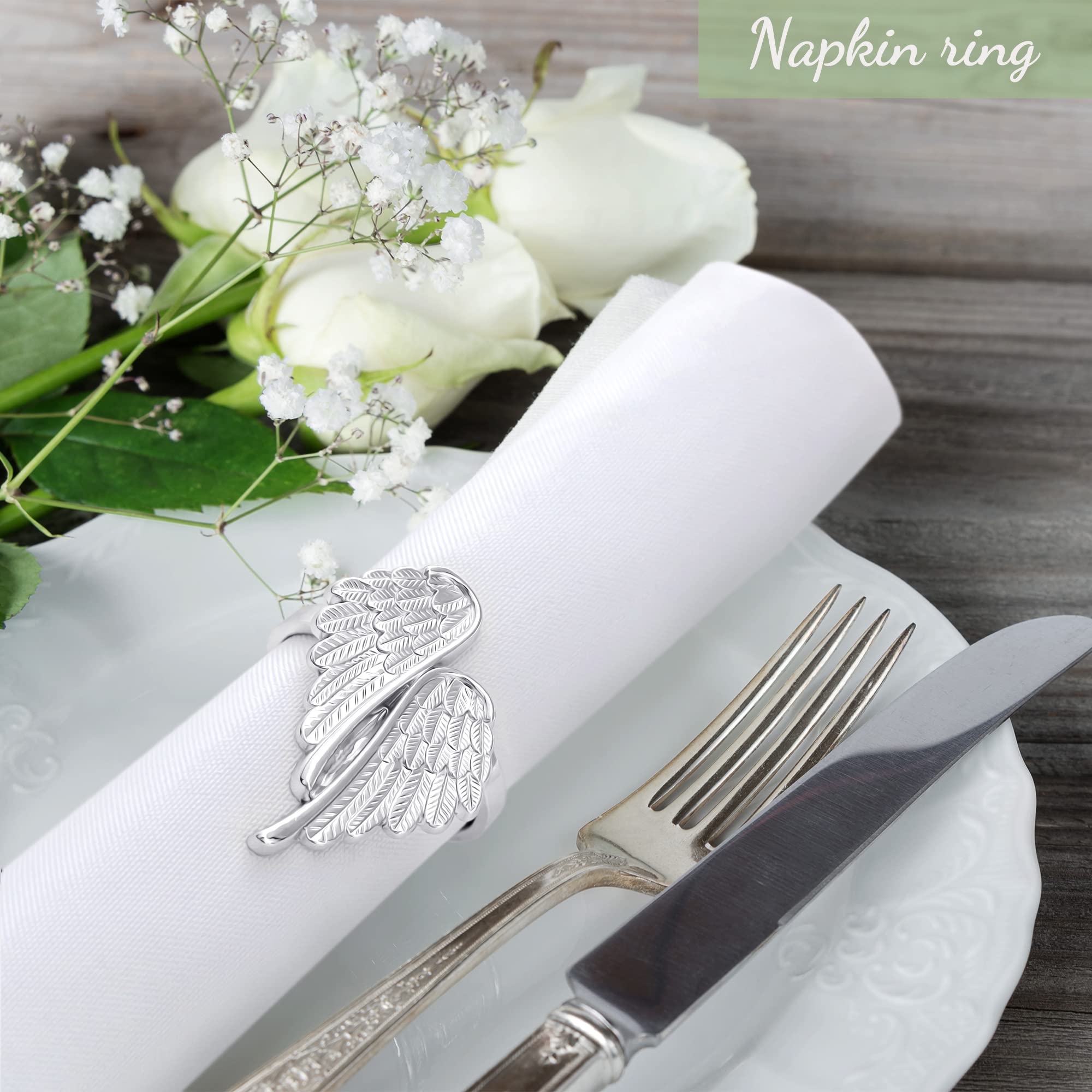 Ckhyon Angel Wings Silver Napkin Ringsset Of 8, Metal Wedding Birthday Home Table Decoration