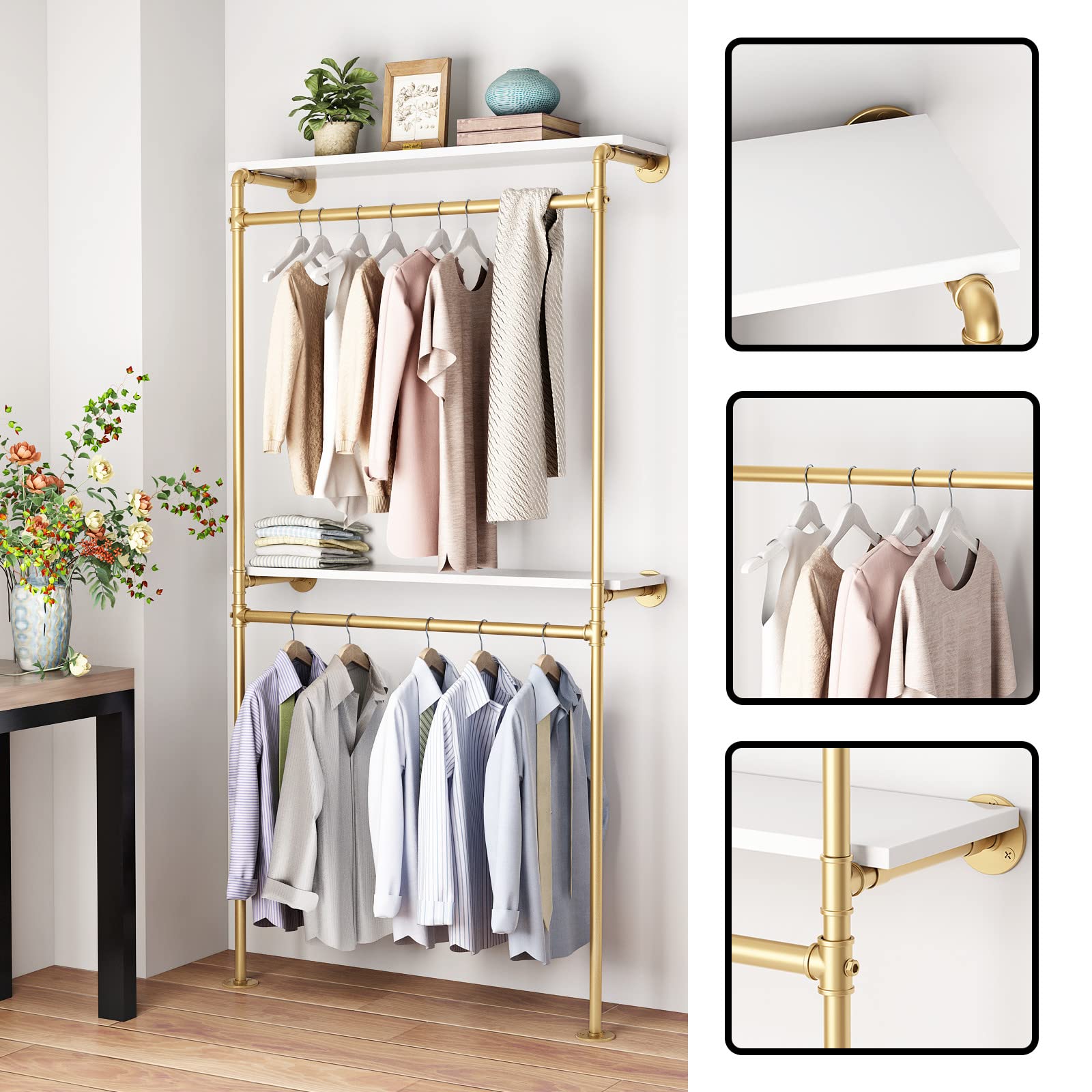 Dr.Iron Gold Pipe Clothing Racks With 2 Tier Shelves, Wall Mounted Gold Clothes Rack With Double Hanging Rods Heavy Duty Garment