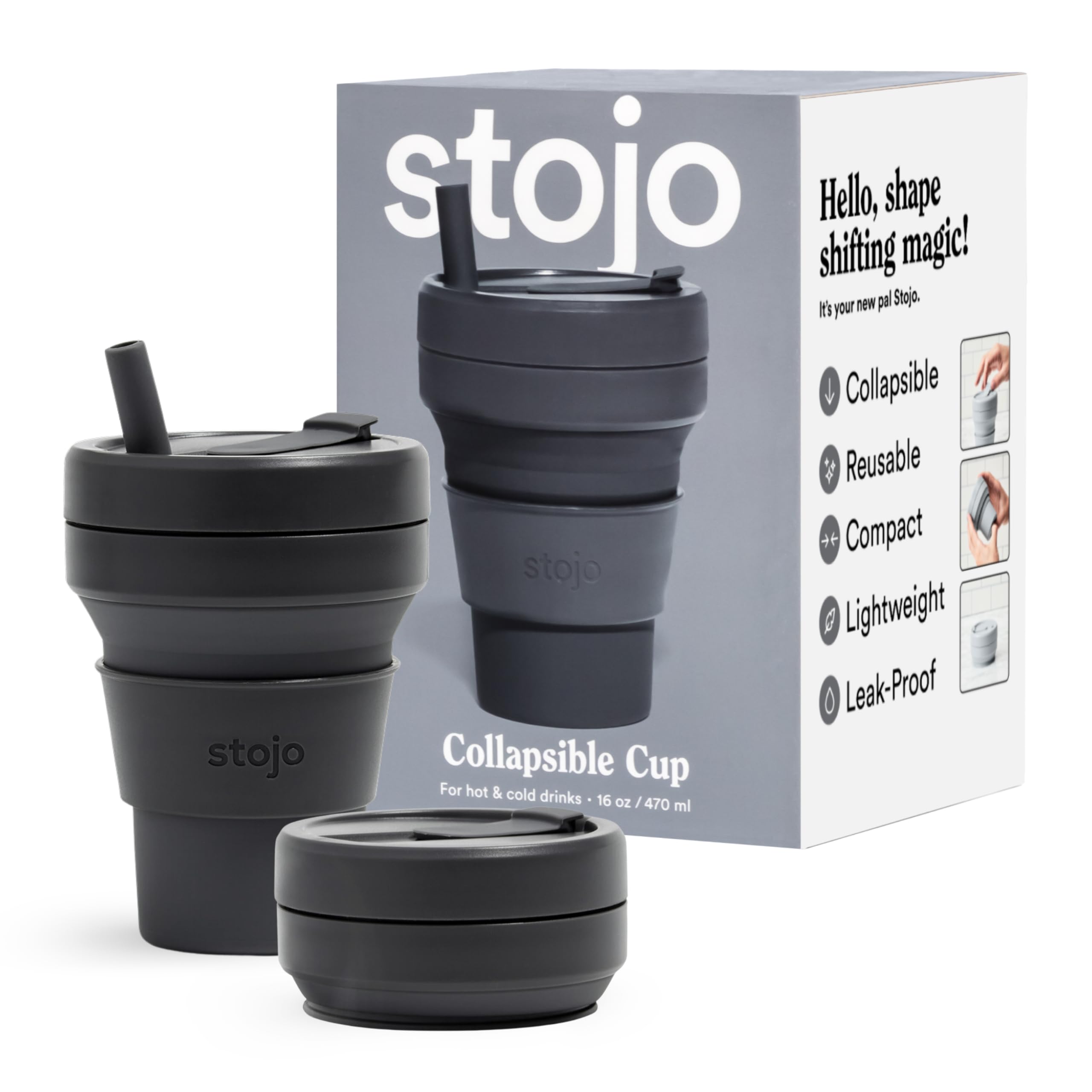 Stojo Collapsible Travel Cup With Straw - Carbon, 16Oz / 470Ml - Reusable To-Go Pocket Size Silicone Bottle For Hot And Cold Dri