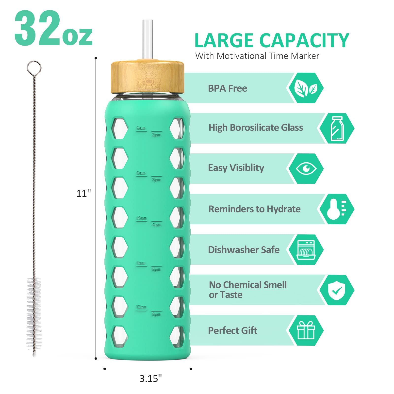 Mukoko 32Oz Glass Water Bottles With 2 Lids-Handle Spout Lid&Bamboo Straw Lid, Motivational Water Tumbler With Time Marker Remin
