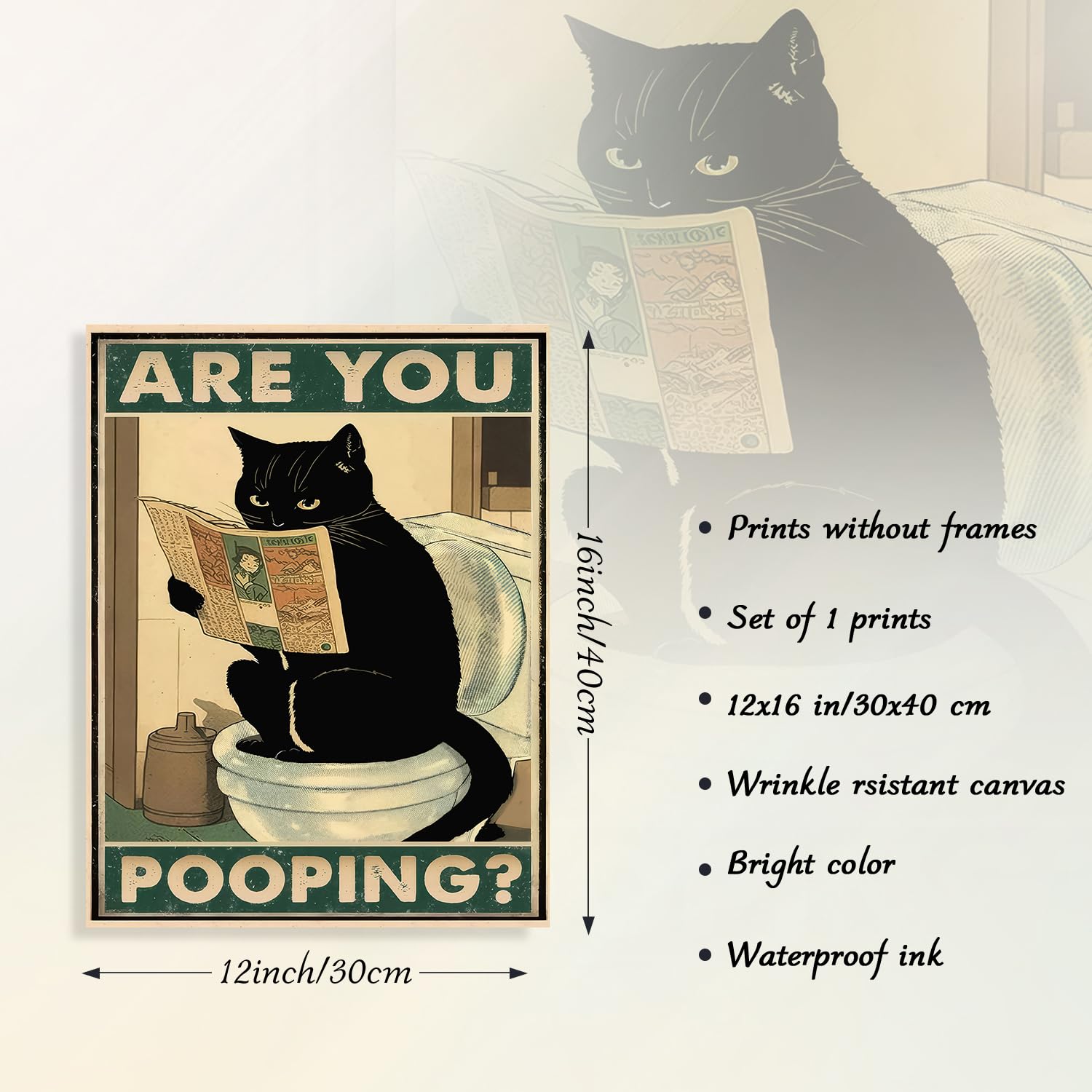 Dazzlewall Funny Black Cat Bathroom Wall Art Are You Pooping Cat Sign Vintage Cat Sitting On The Toilet Reading Newspaper Poster