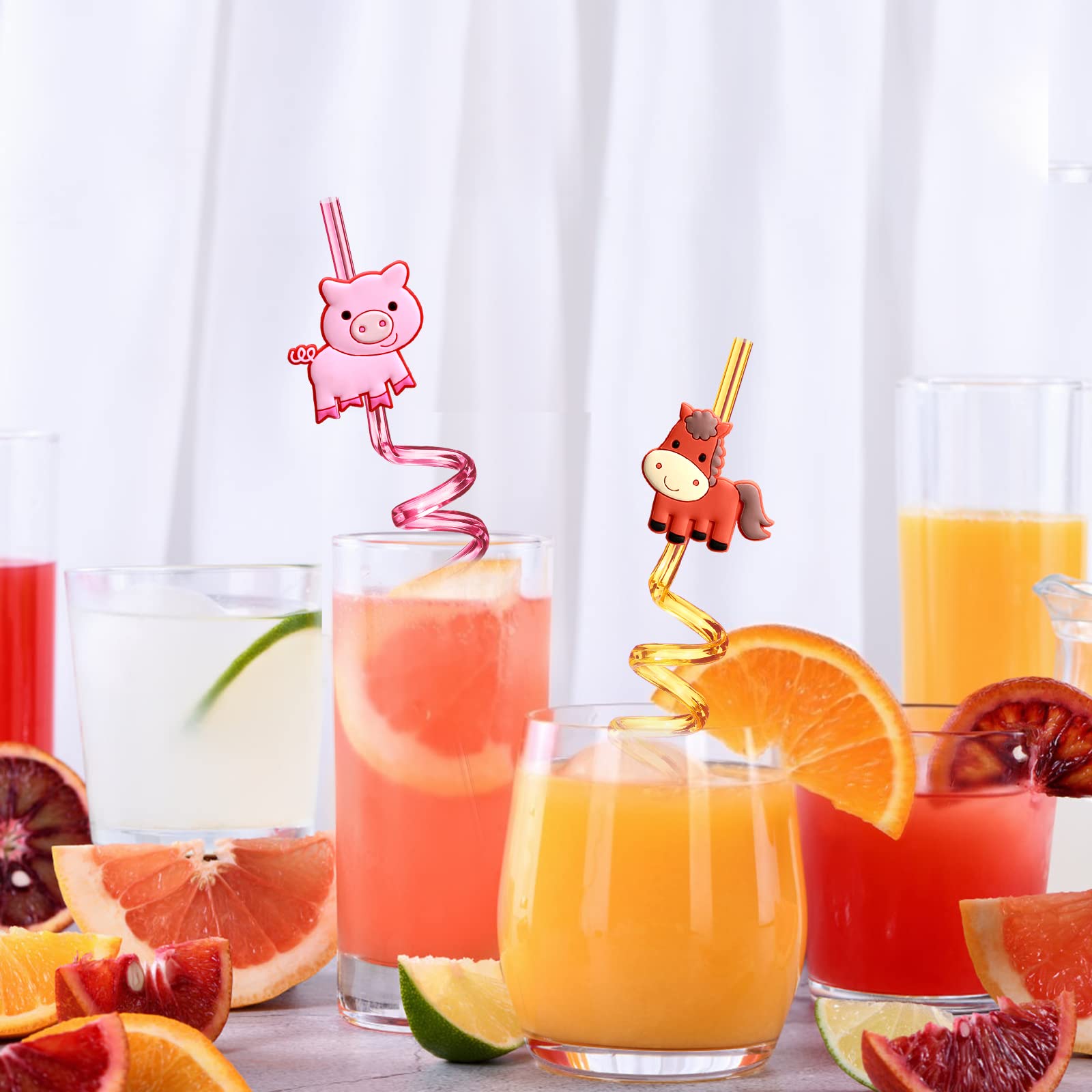 24 Reusable Farm Animal Plastic Straws Chicken Sheep Horse Cow Pig For Barnyard Farm Birthday Party Supplies Gift Favors With 2