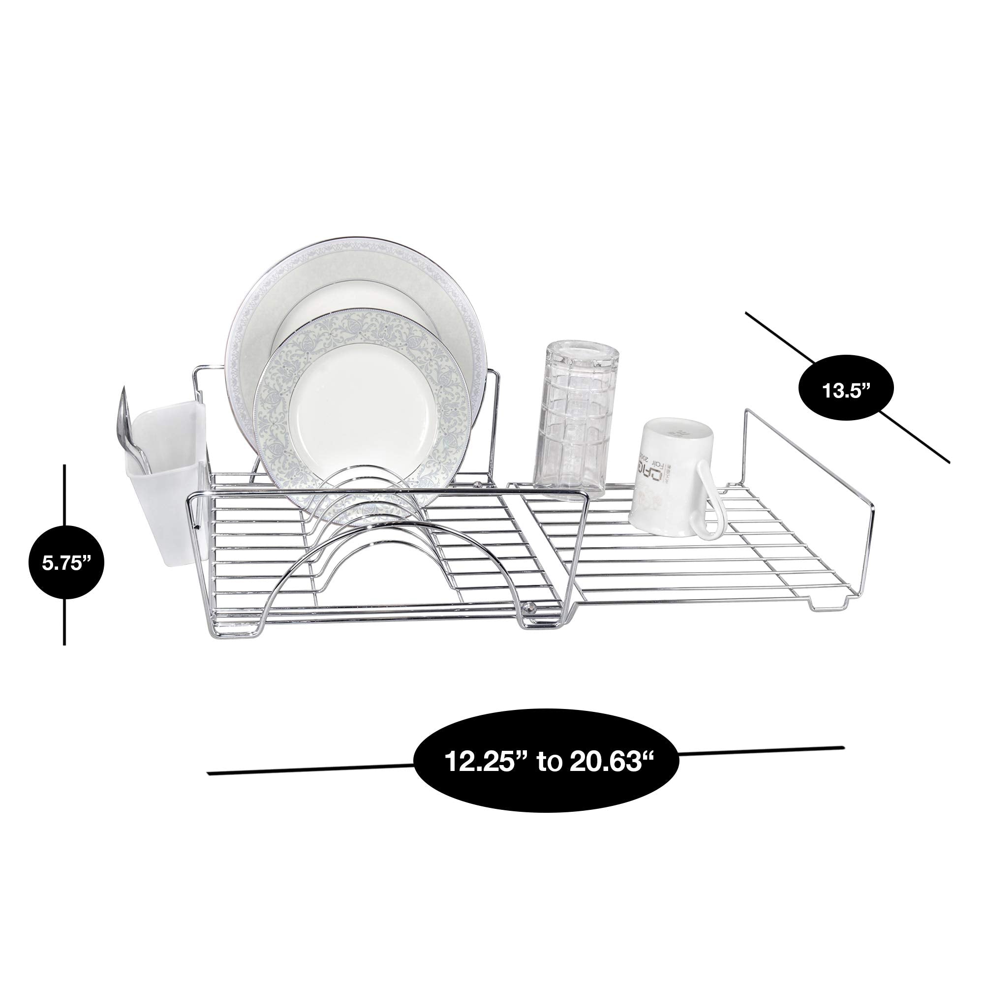 Smart Design Expandable Dish Drainer Drying Rack With Cutlery Cup - Steel Metal Wire - Fits In Standard Sinks - Dishes, Cups, Si