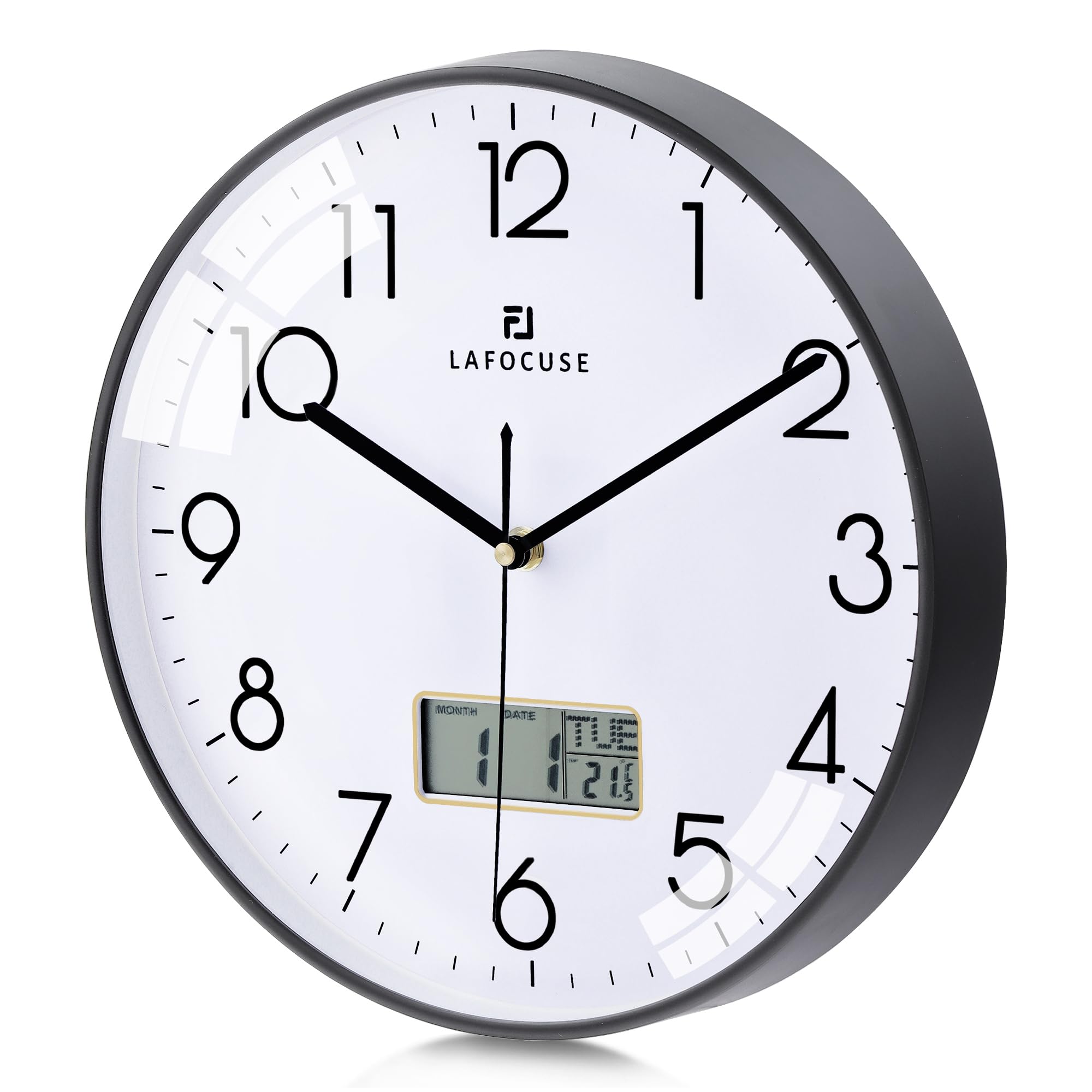 Lafocuse Black Wall Clock With Date,Month,Day Of Week And Temperature, Silent Non-Ticking Battery Operated Clock For Living Room