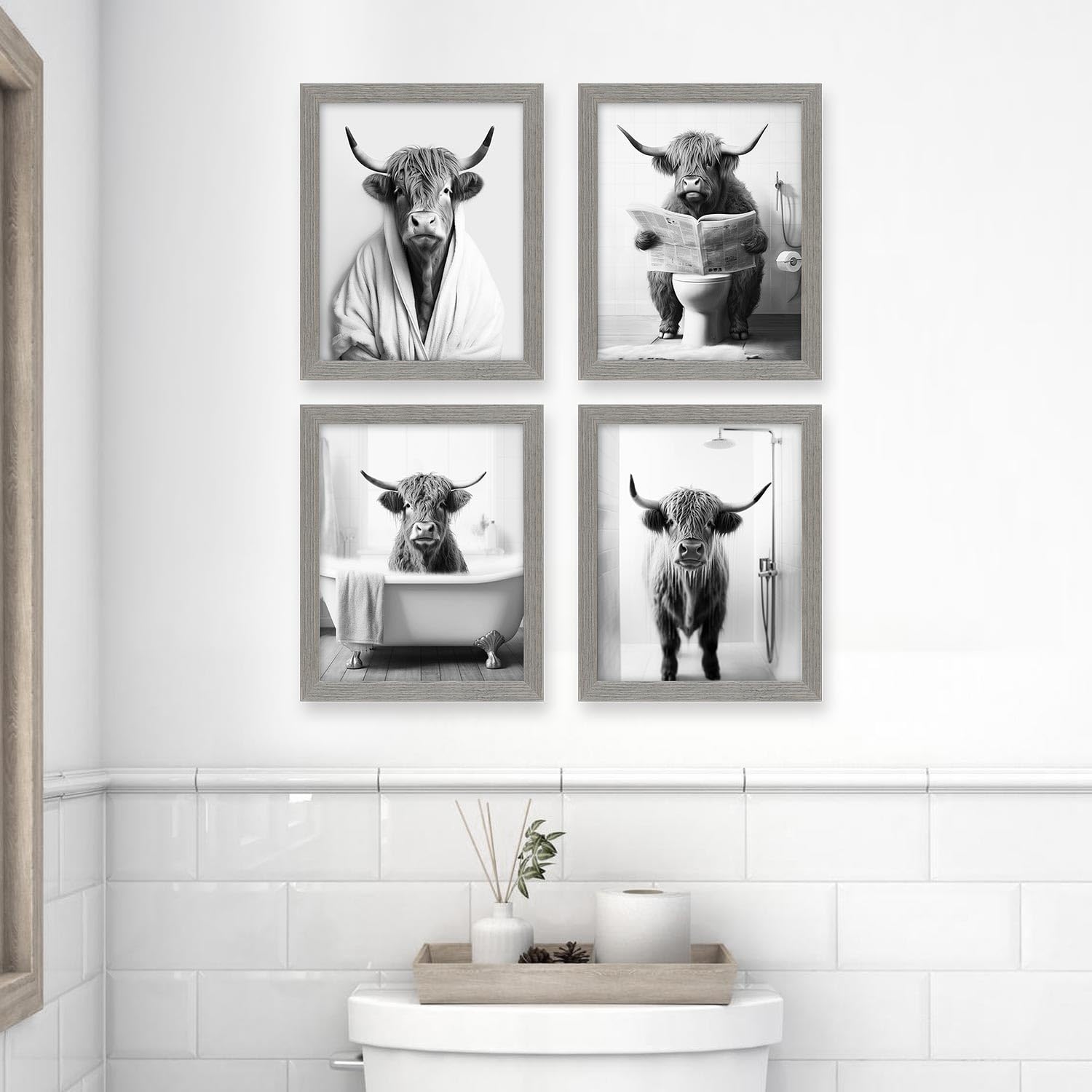 Heilkee Black And White Highland Cow Bathroom Decor Funny Animal Bathroom Wall Art Modern Farmhouse Wall Decor Cattle In Bathtub