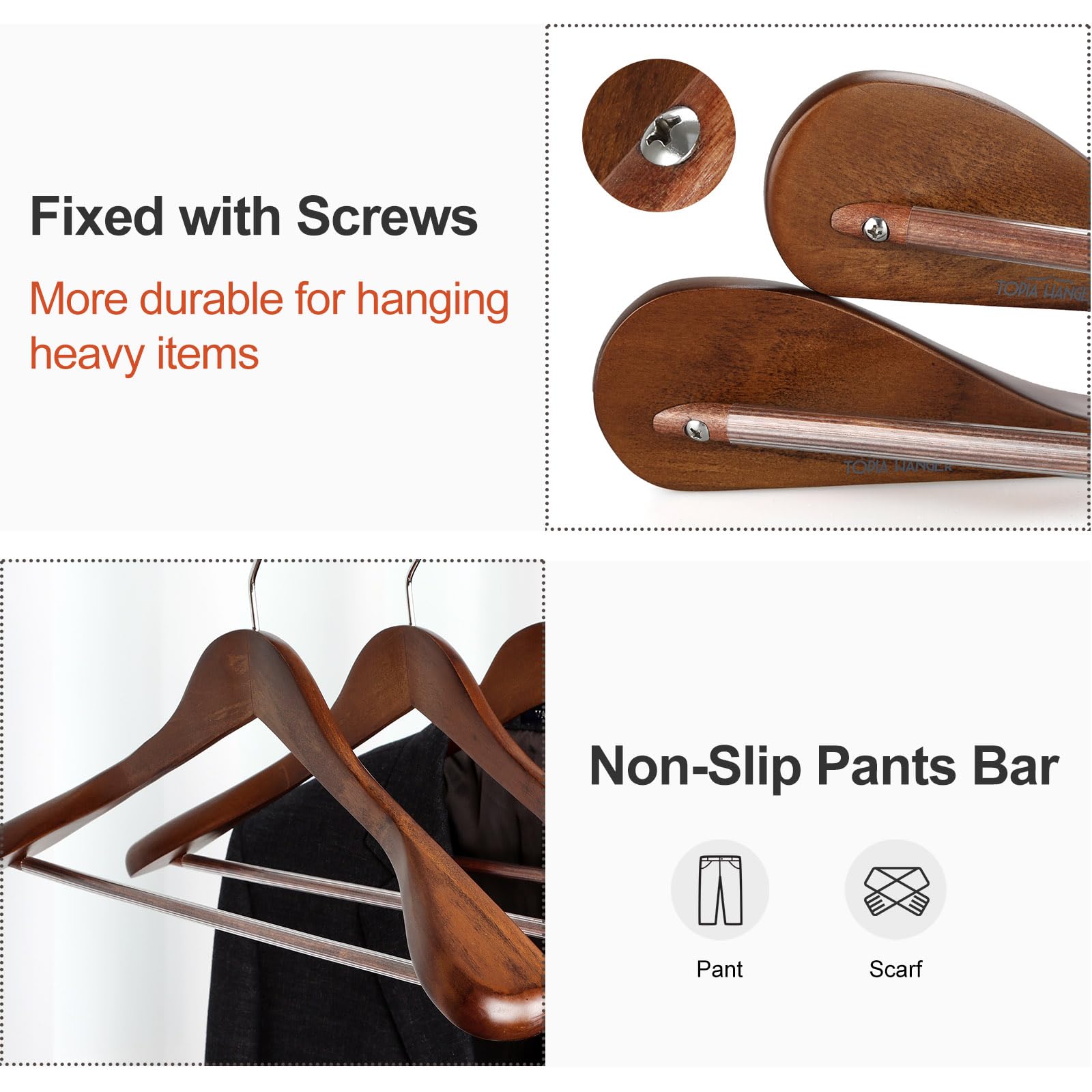 Topia Hanger Wide Shoulder Wooden Hangers, Suit Hangers With Non Slip Pants Bar & 360 Swivel Hook, Solid Wood Heavy Duty Coat Ha