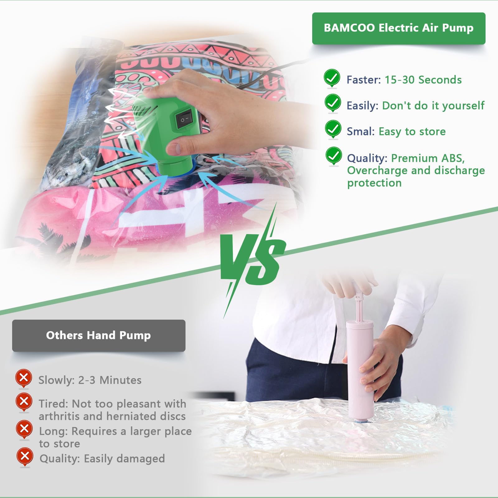 BAMCOO Electric Pump for Vacuum Storage Bags, Travel Vacuum Pump for Various Vacuum Seal Bags Portable Vacpack Air Pump for Comp