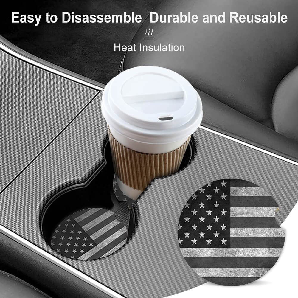 Black Grey American Flag Absorbent Cup Holders Car Coasters Ceramic Stone Drinks Coaster Set for Women Man 2.56''(2 Pack)