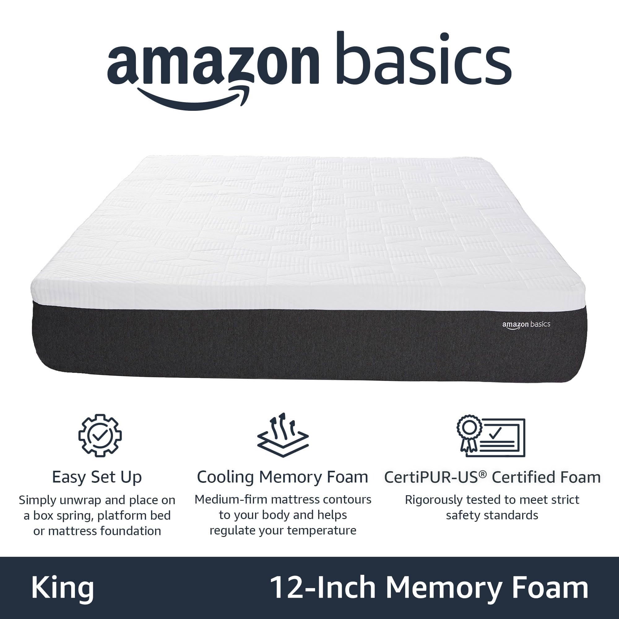 Amazon Basics Gel Memory Foam Mattress, Firm, Cooling, King Size Mattress, Certipur-Us Certified Foam, 80 X 76 X 12 Inches, Whit