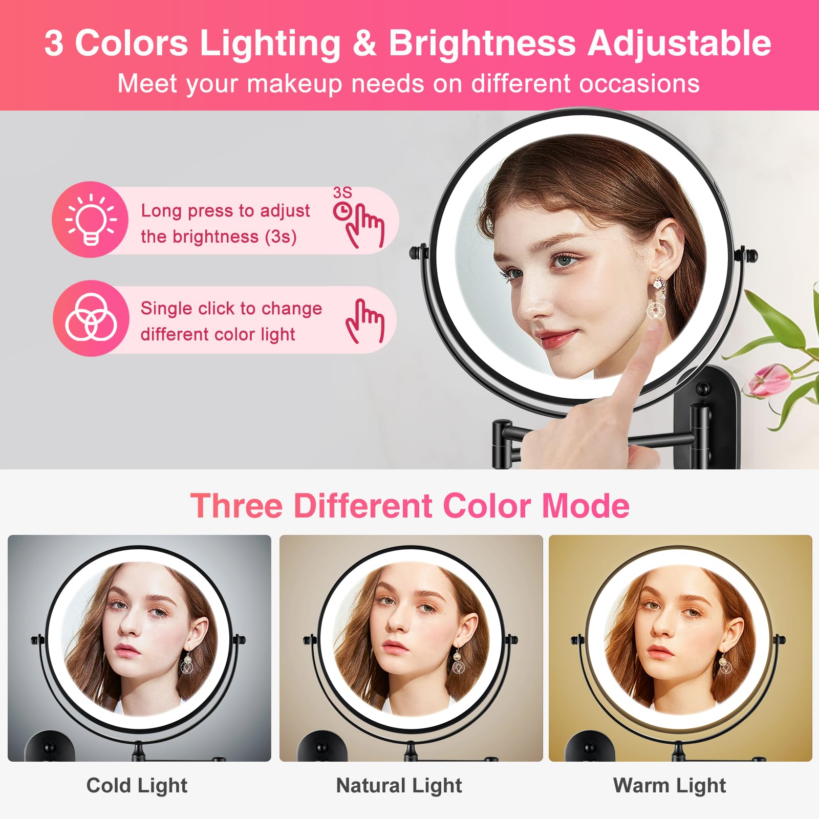 Greenfrom Magnifying Mirror With Lights 1X/15X Rechargeable: 8.5 Inch Wall Mounted Lighted Makeup Mirror For Bathroom