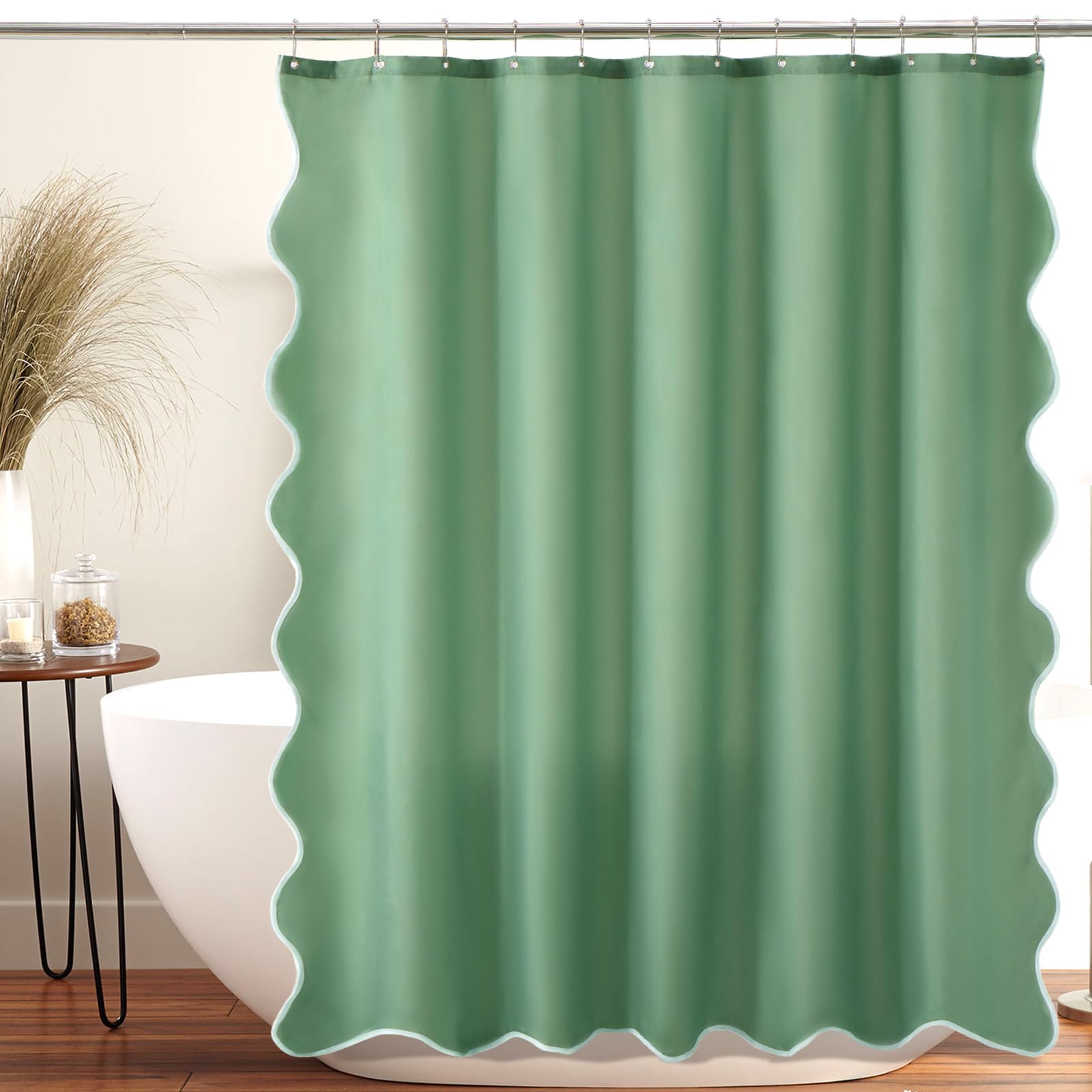 Ortigia Green Scalloped Shower Curtain, Cute Boho Preppy Sage Green Shower Curtains Aesthetic Waterproof Fabric Shabby Chic Bath