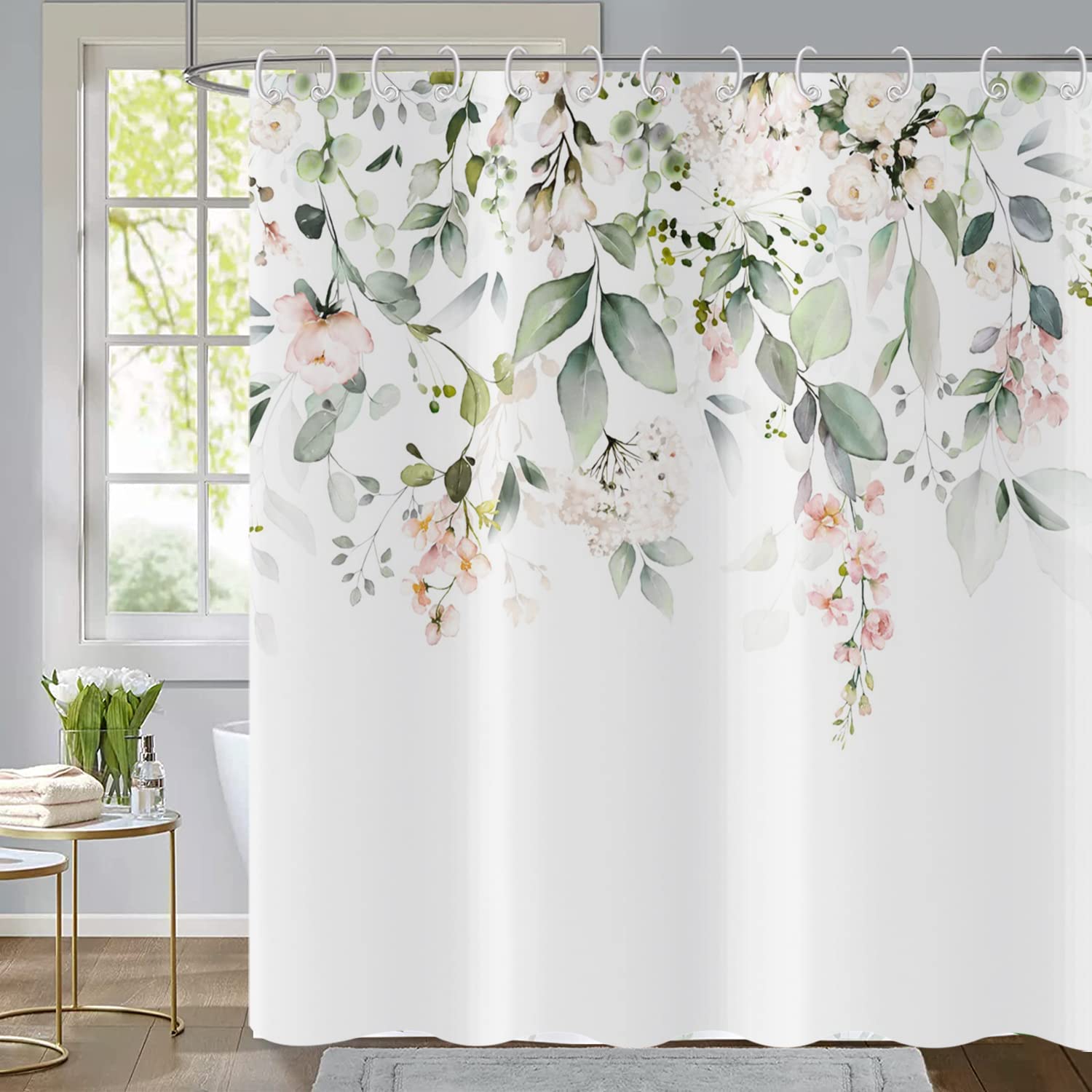 Gcirec Spring Eucalyptus Shower Curtain, Sage Green Eucalyptus Leaves Botanical Plants With Pink Flowers On The Top Fabric Bathr