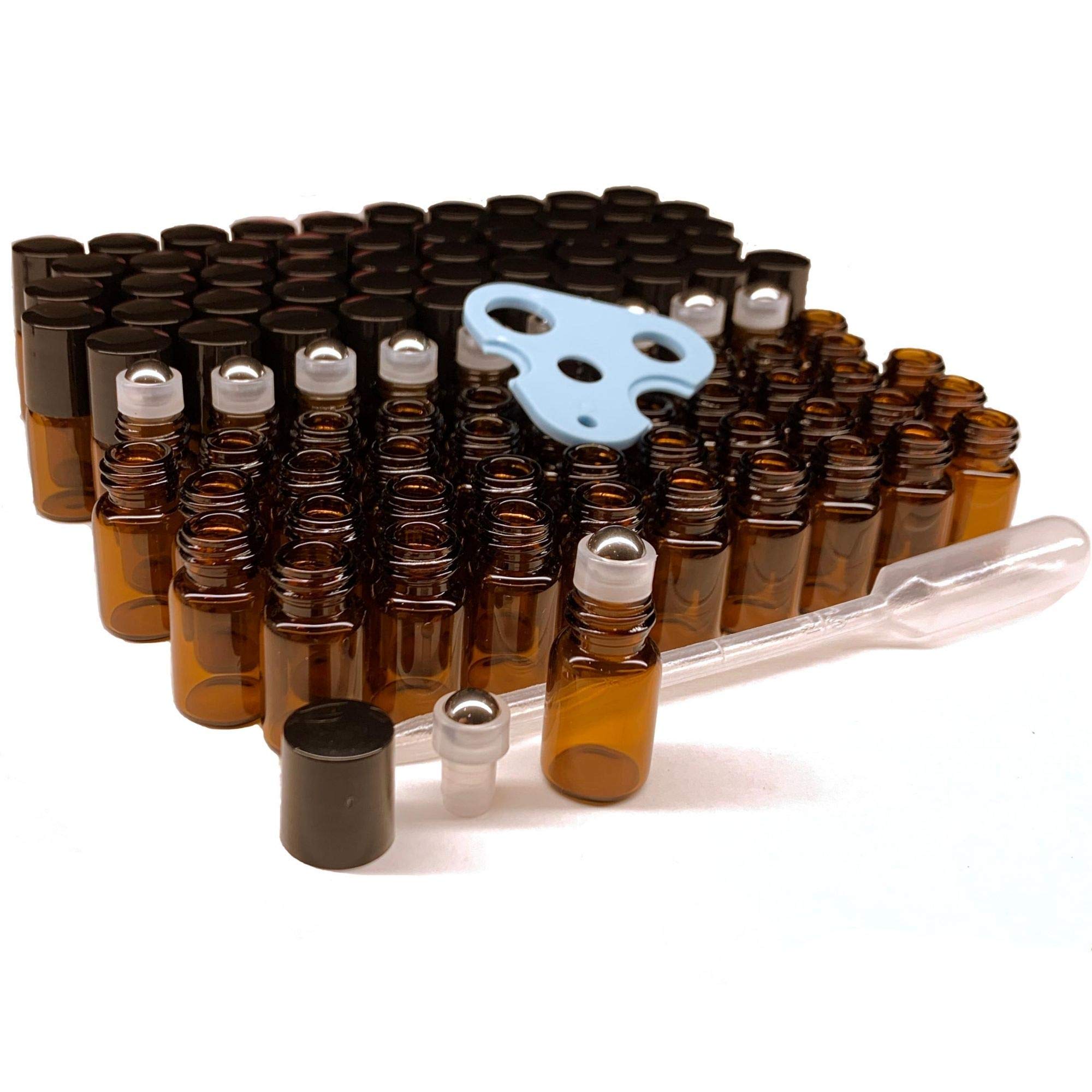 Essential Oils Roller Bottles 100pcs 2ml 5/8 Dram Glass Roller Bottles Refillable Essential Oil Roller Bottles Amber, Stainless 