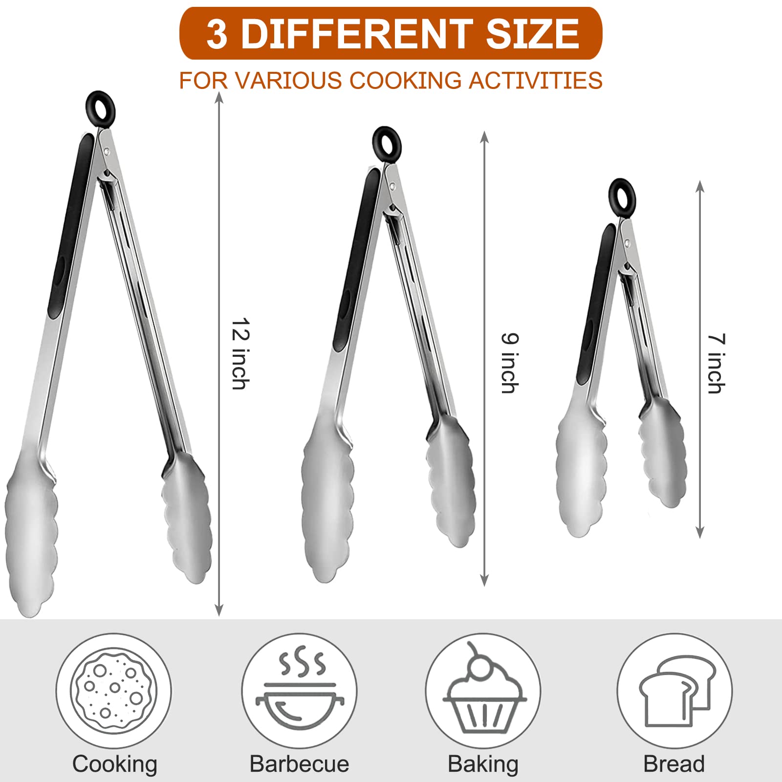 9 Pieces Stainless Steel Kitchen Tongs Grilling Locking Cooking Tongs Non-Slip Metal Food Tongs For Cooking, Salad And Bbq, 7, 9