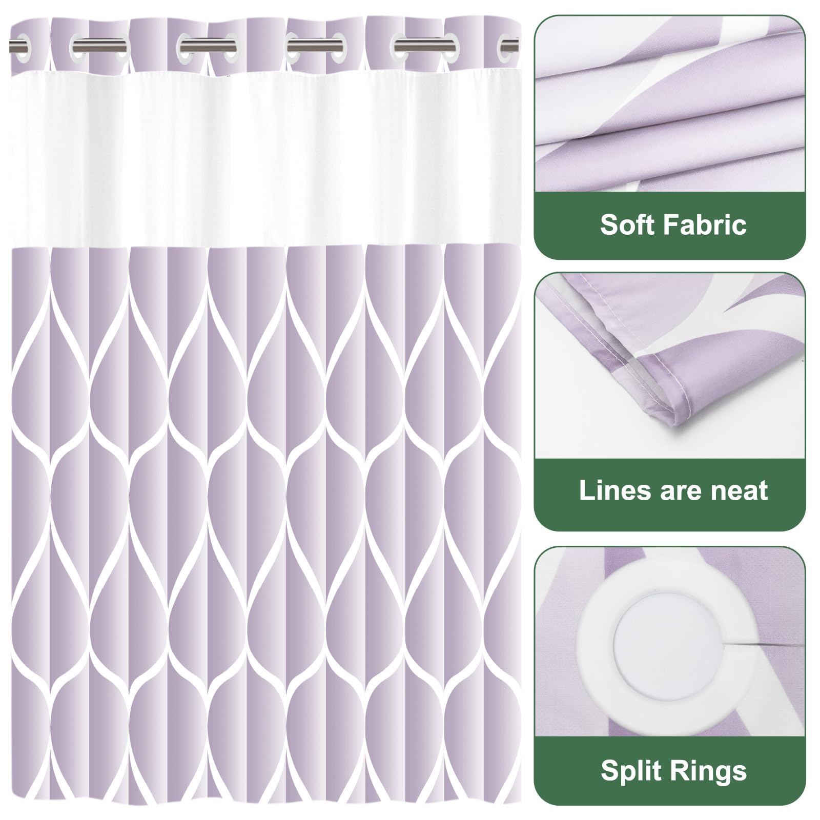 Yiatn No Hook Plum Shower Curtain With Snap In Fabric Liner Set - Hotel Style With See Through Mesh Top Window, Modern Geometric