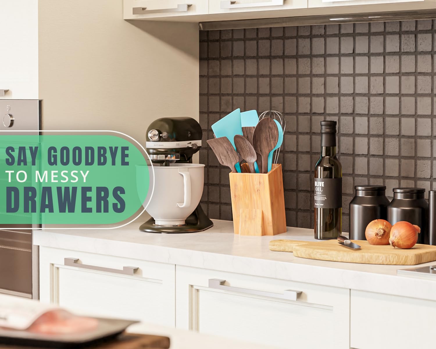 Bamboo Utensil Holder For Countertop - Large Upright Modern Organizer - Utensil Crock For Kitchen Counter By Comfify
