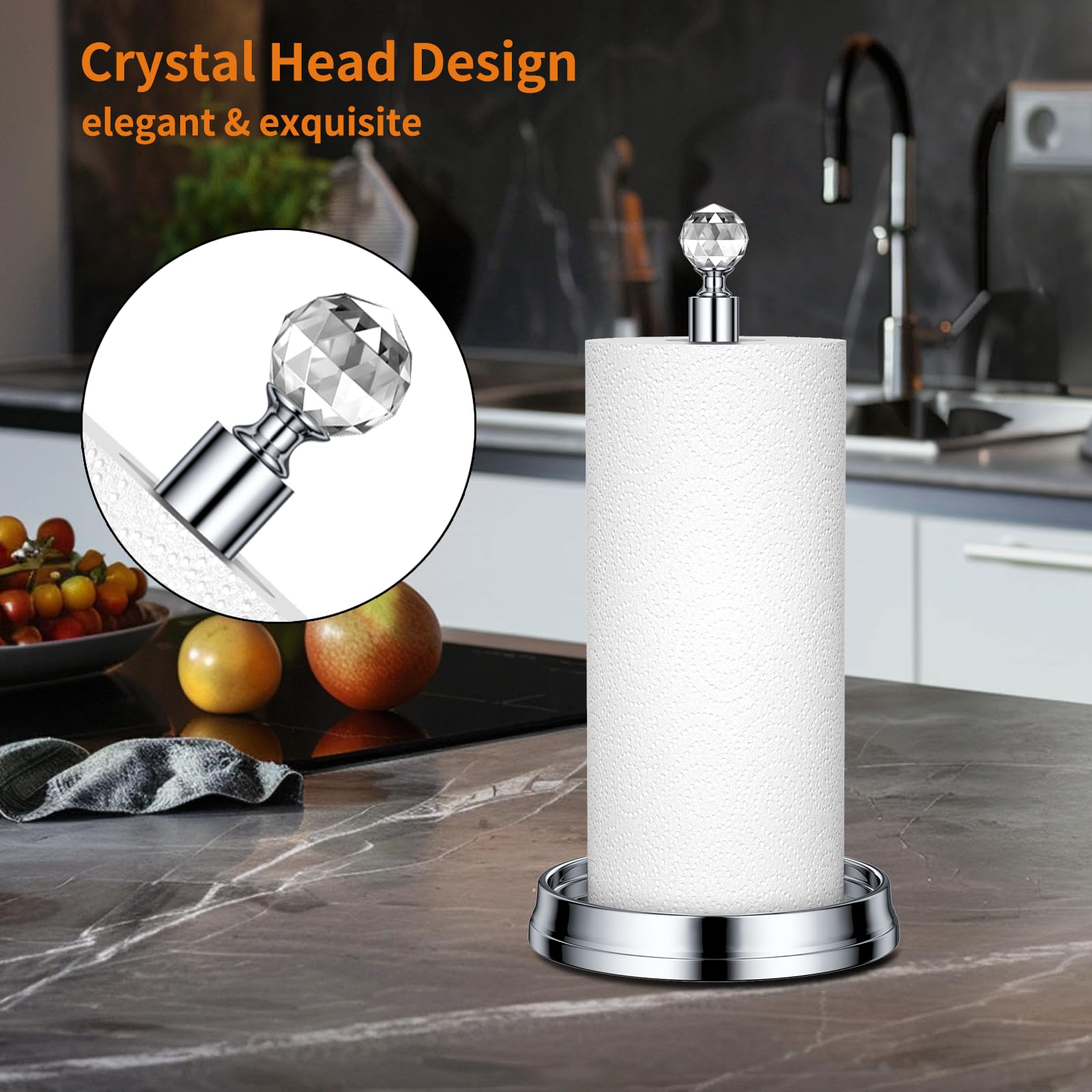 Kasunto Paper Towel Holder (With Crystal Ball) Steel Paper Towel Holder Countertop,Paper Towel Holder Stand For Kitchen Countert