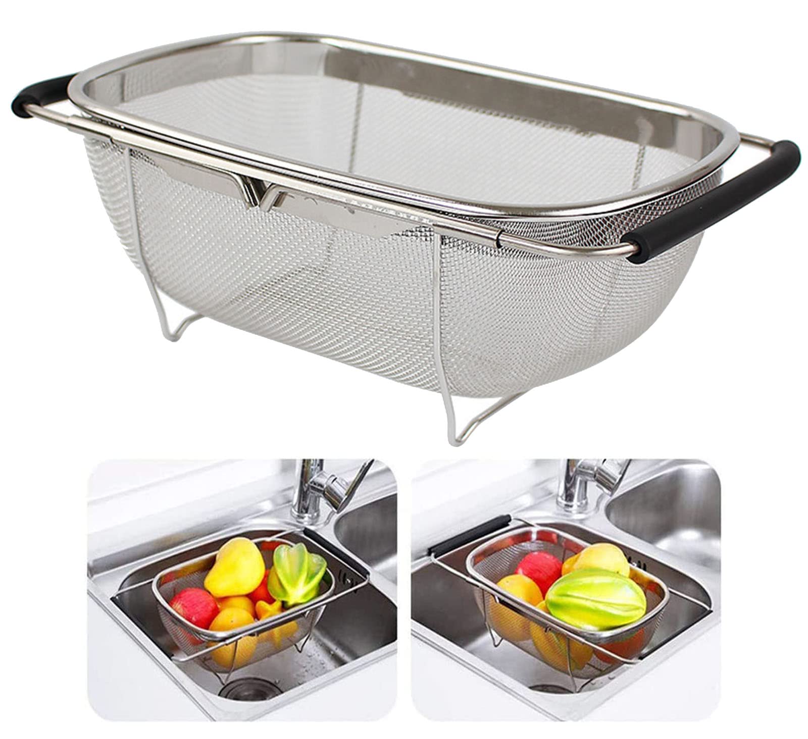 AJIODA Over The Sink Colander, 4 Quarts Stainless Steel Oval Colander with Expandable Rubber Grip Handle, Fine Mesh Strainer Bas