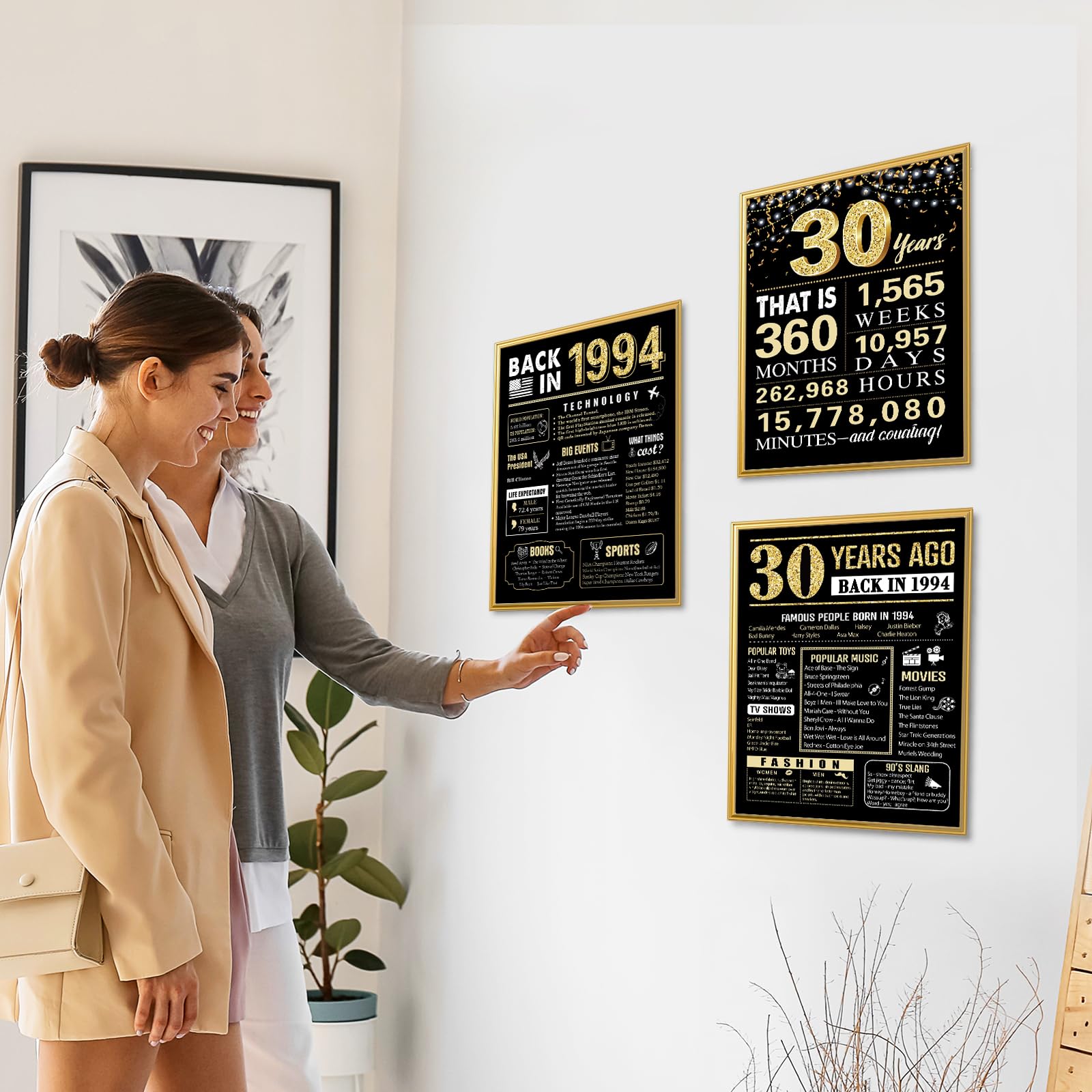 30 Years Ago 30th Birthday Wedding Anniversary Poster 3 Pieces 11 x 14 90s Party Decorations Supplies Large Sign Home Decor Black & Gold Wall Art Prints for Men and Women (Back in 1994-30 Years)