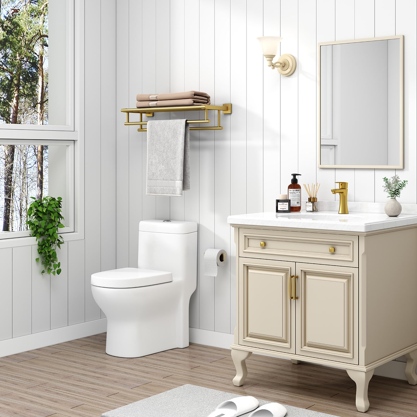 Angle Simple Towel Rack For Bathroom, Sus 304 Stainless Steel Hand Towel Holder With Shelf, Brushed Gold, 23.62 Inches