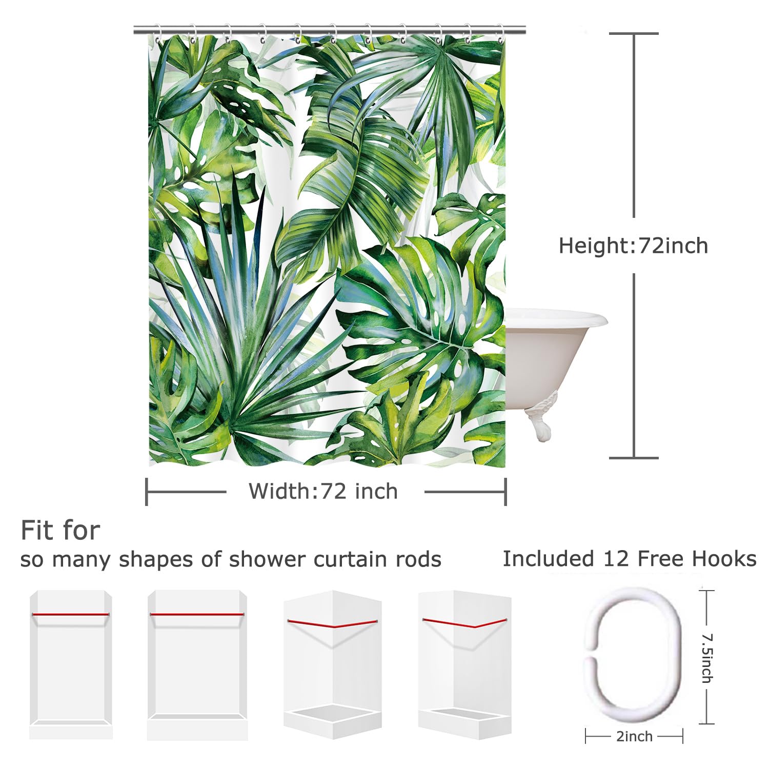 Livilan Tropical Shower Curtain, Green Shower Curtain, Plant Shower Curtain, Leaf Shower Curtain, Botanical Shower Curtain Set W