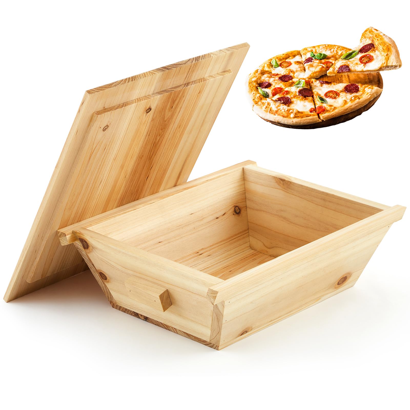 Juexica Tradition Wooden Pizza Dough Proofing Box with Lid Handle 16 x 13 Inch Pizza Dough Proofing Container Tray for Kitchen H