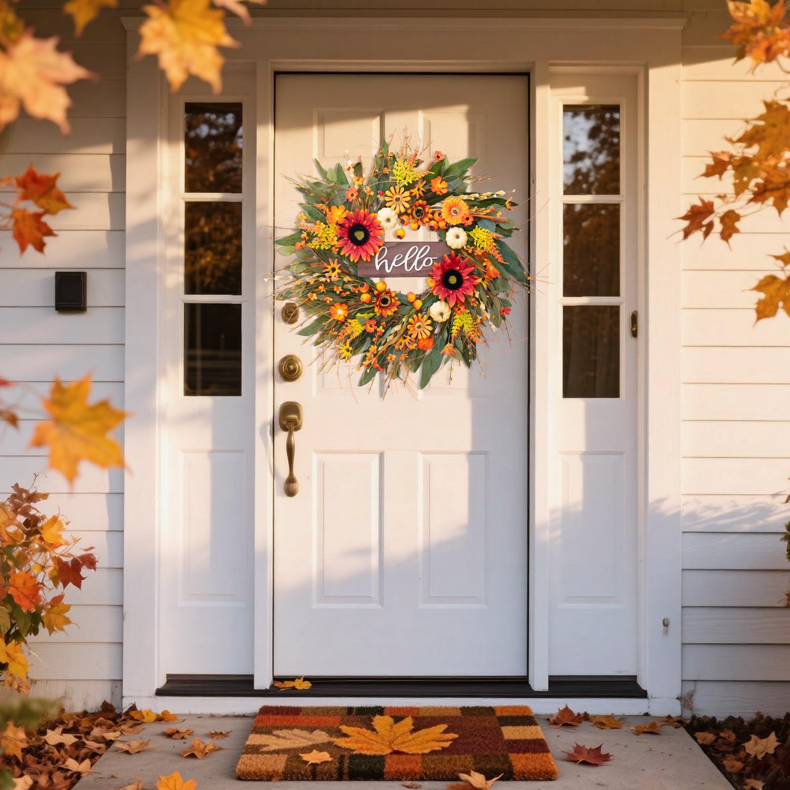 24 Inch Fall Wreaths for Front Door Outside- Pinkpuii Artificial Autumn Wreath with Sunflowers,Pumpkins & Hello    Sign- Lifelik