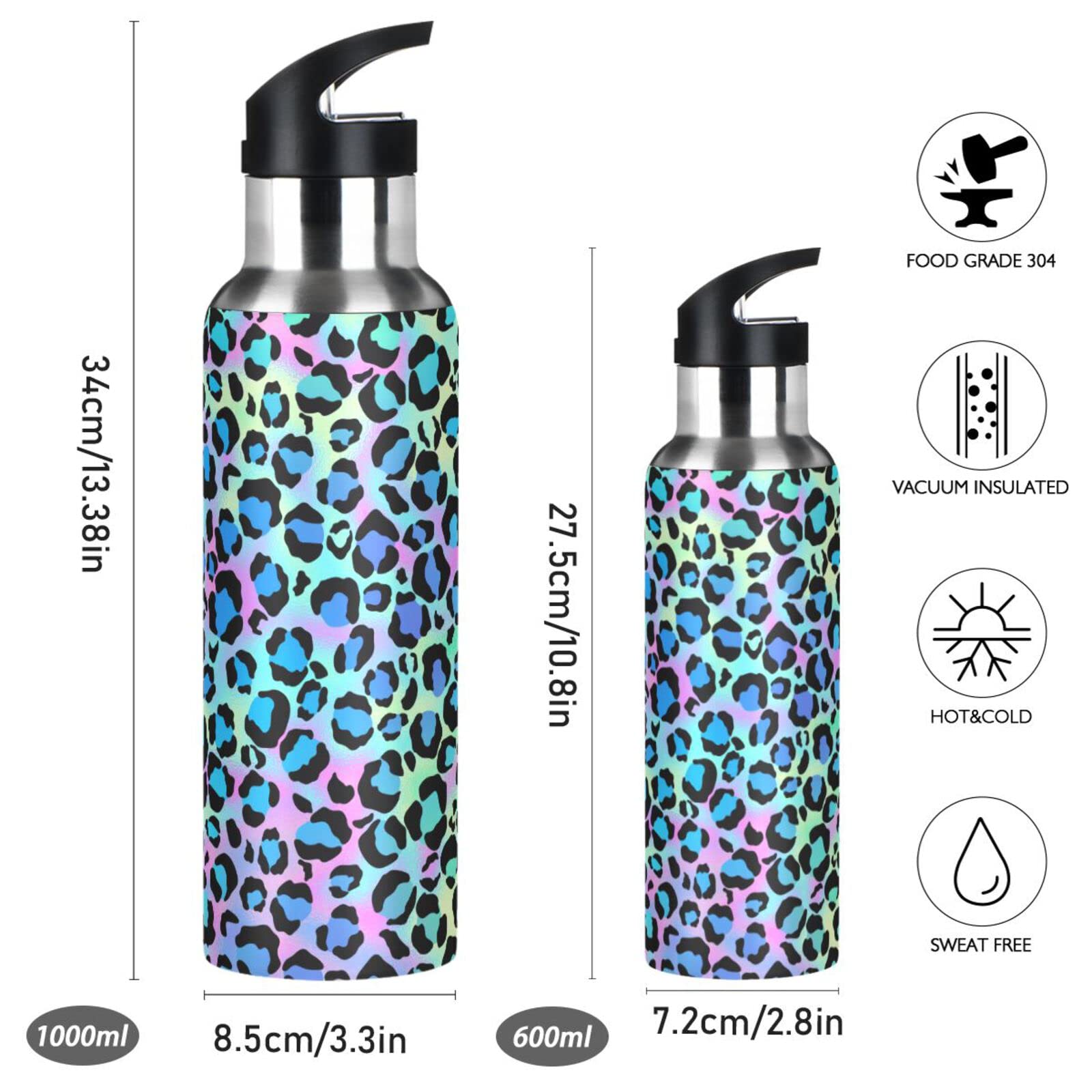 Moudou Leopard Water Bottle With Straw Lid, 33Oz Leakproof Double Wall Vacuum Insulated Stainless Steel Water Bottle For Sports,