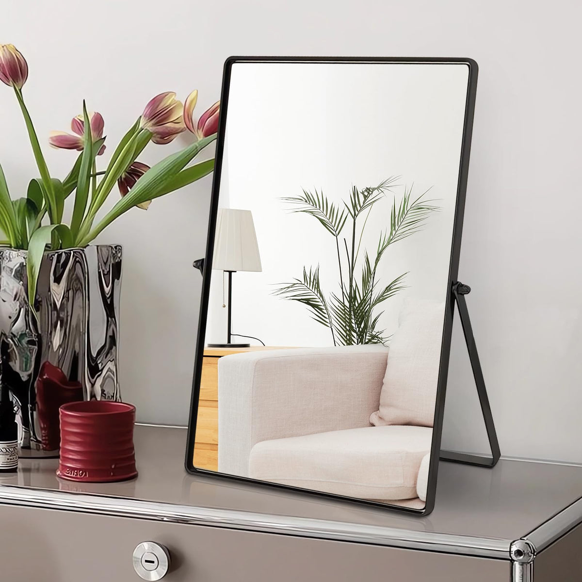 Numjeg Desktop Makeup Mirror With Black Metal Standing 90 Rotation Vanity Table Mirror Portable Cosmetic Mirror For Dressing Roo