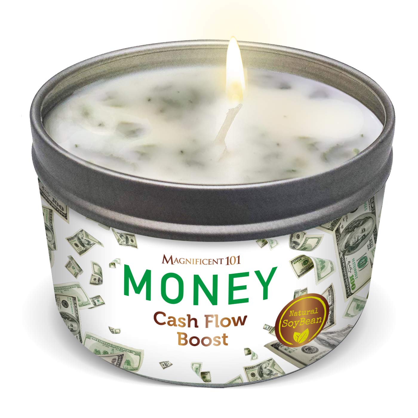 MAGNIFICENT 101 Money Aromatherapy Candle for Getting a Cash Flow Boost - Sage Cinnamon Scented Natural Soybean Wax Tin Candle f