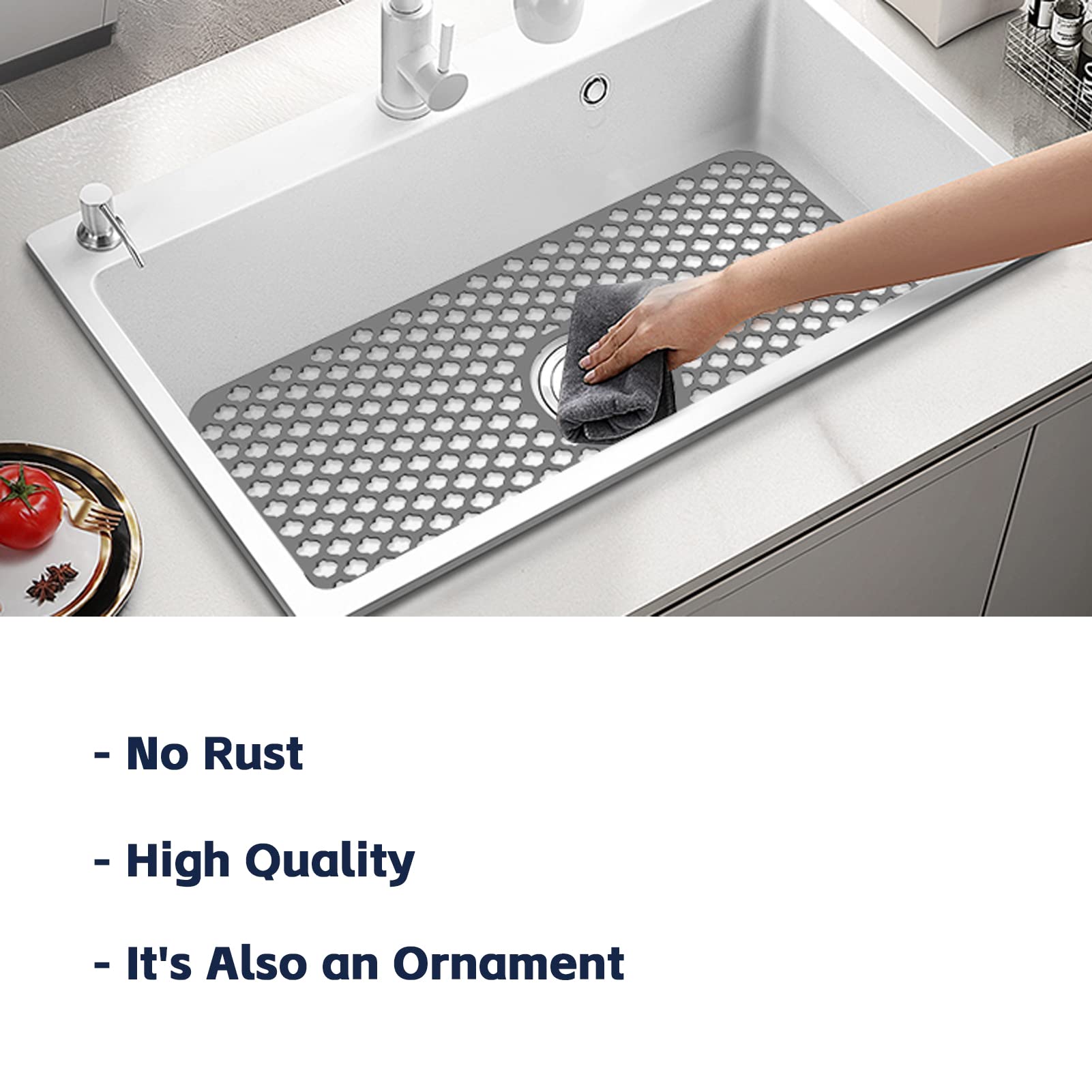 Silicone Sink Mat, 24.6''X 12.9'' Kitchen Sink Protector Grid For Bottom Of Center Drain Sink, Twinnekyr Grey Non-Slip Heat Resi